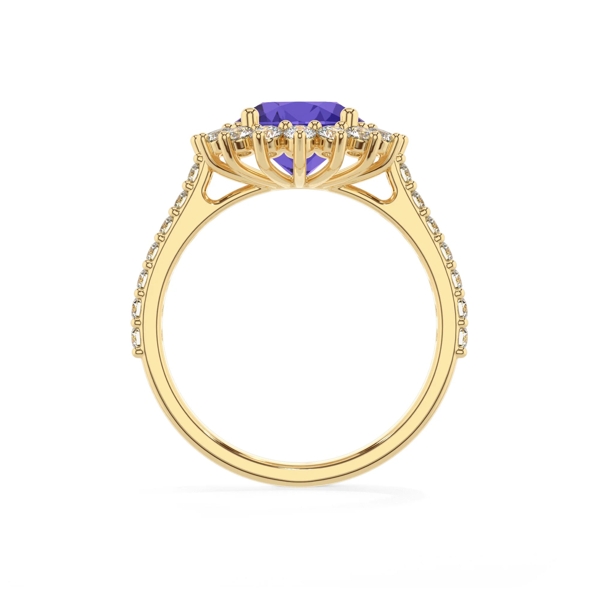 lab grown tanzanite round solitaire rings in yellow gold