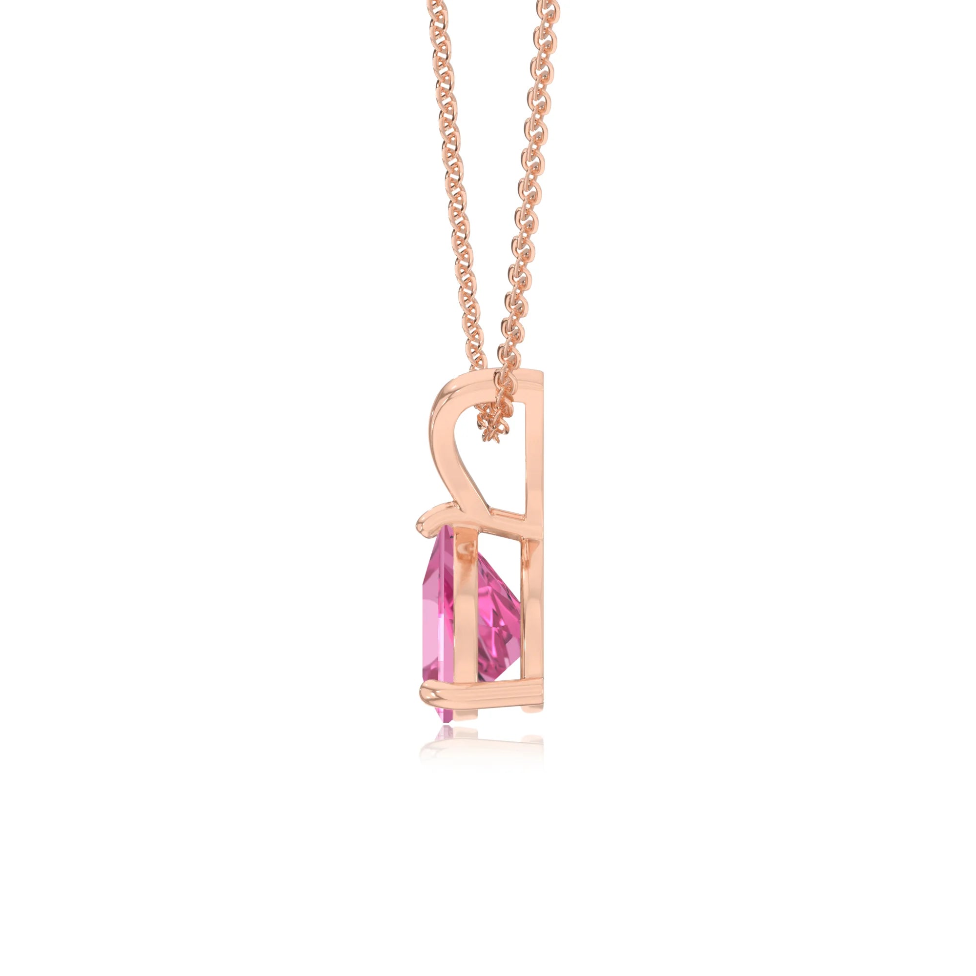 lab grown pink-sapphire trillion solitaire v-bale necklaces in rose gold