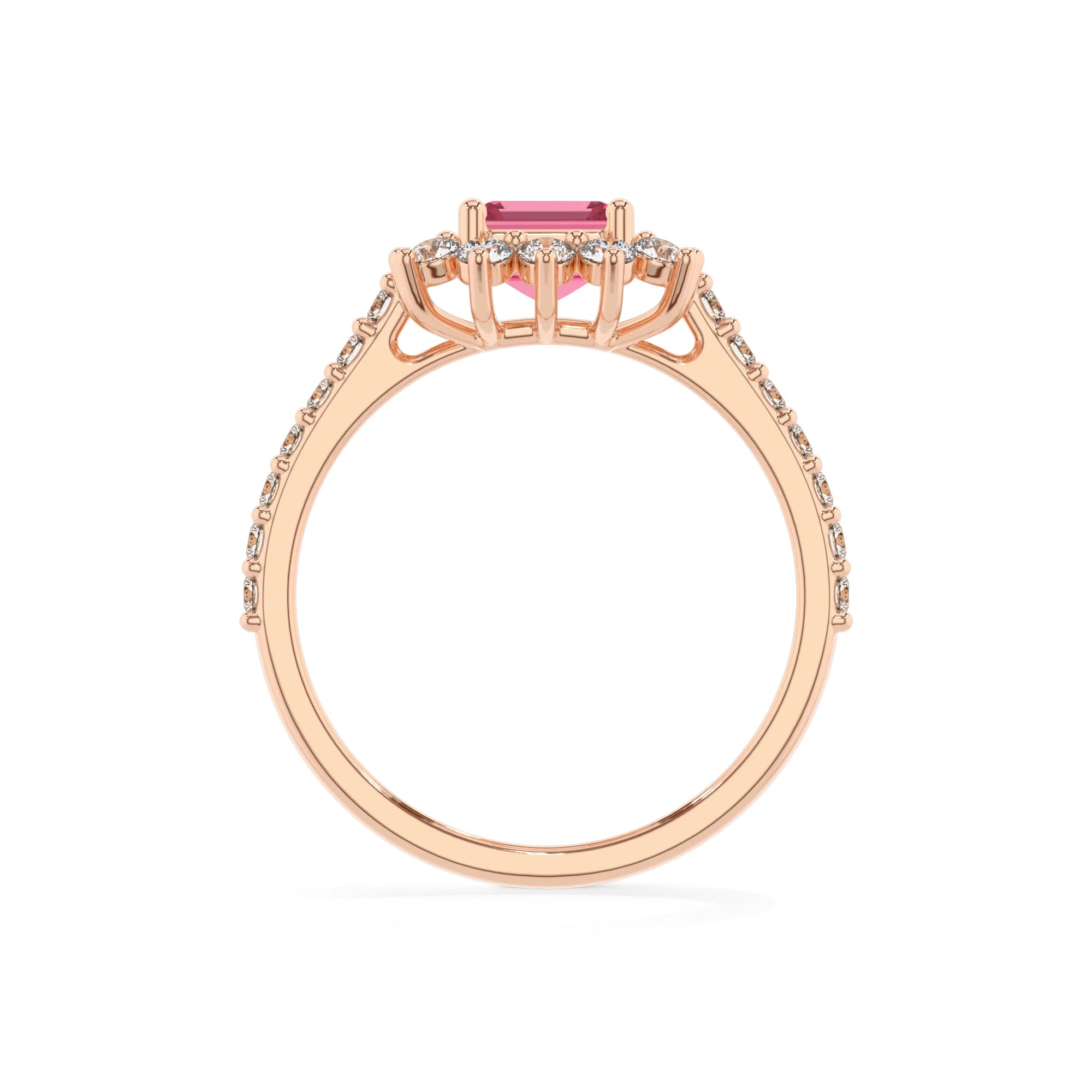 lab grown pink-tourmaline emerald cut solitaire rings in rose gold
