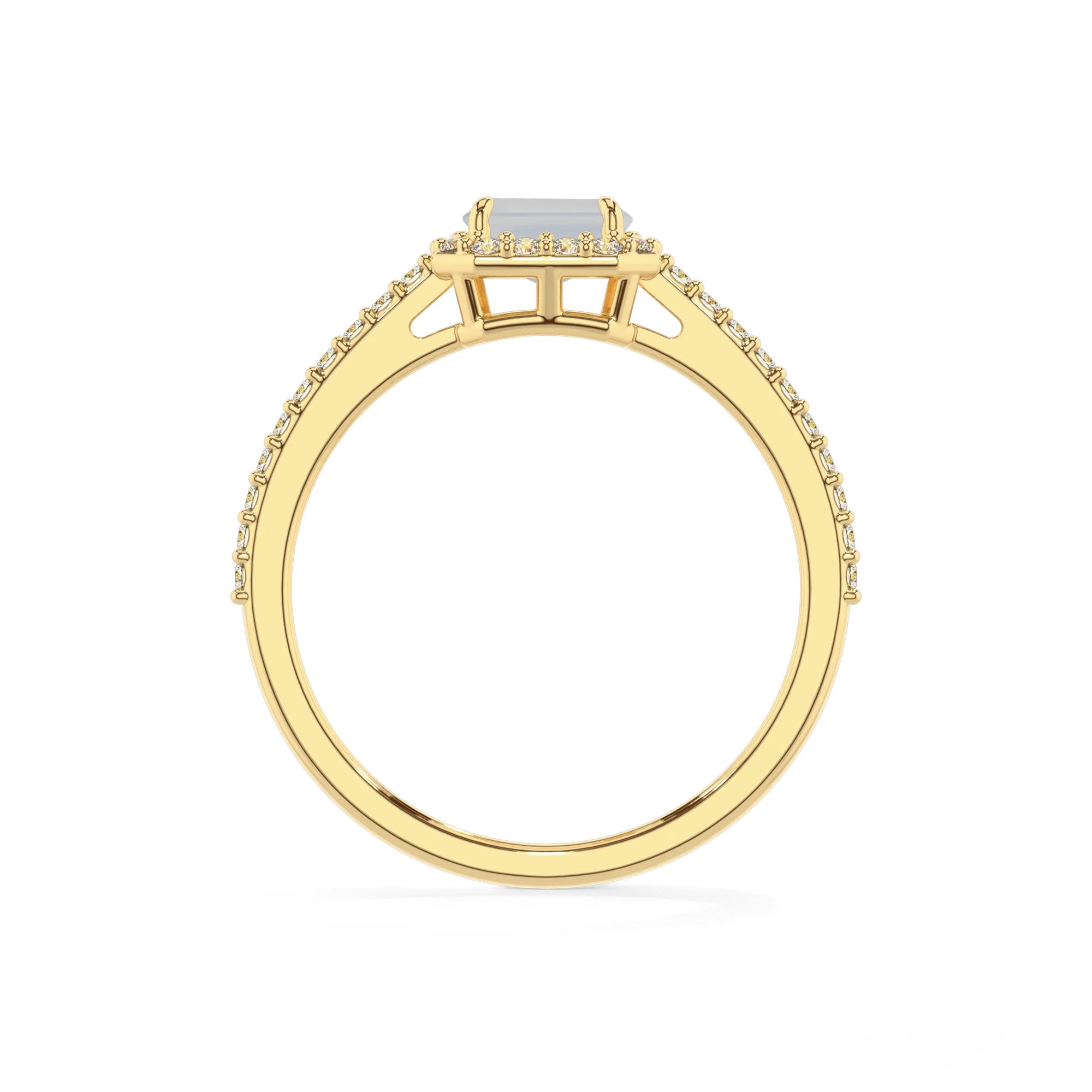 natural rainbow-moonstone emerald cut solitaire rings in yellow gold