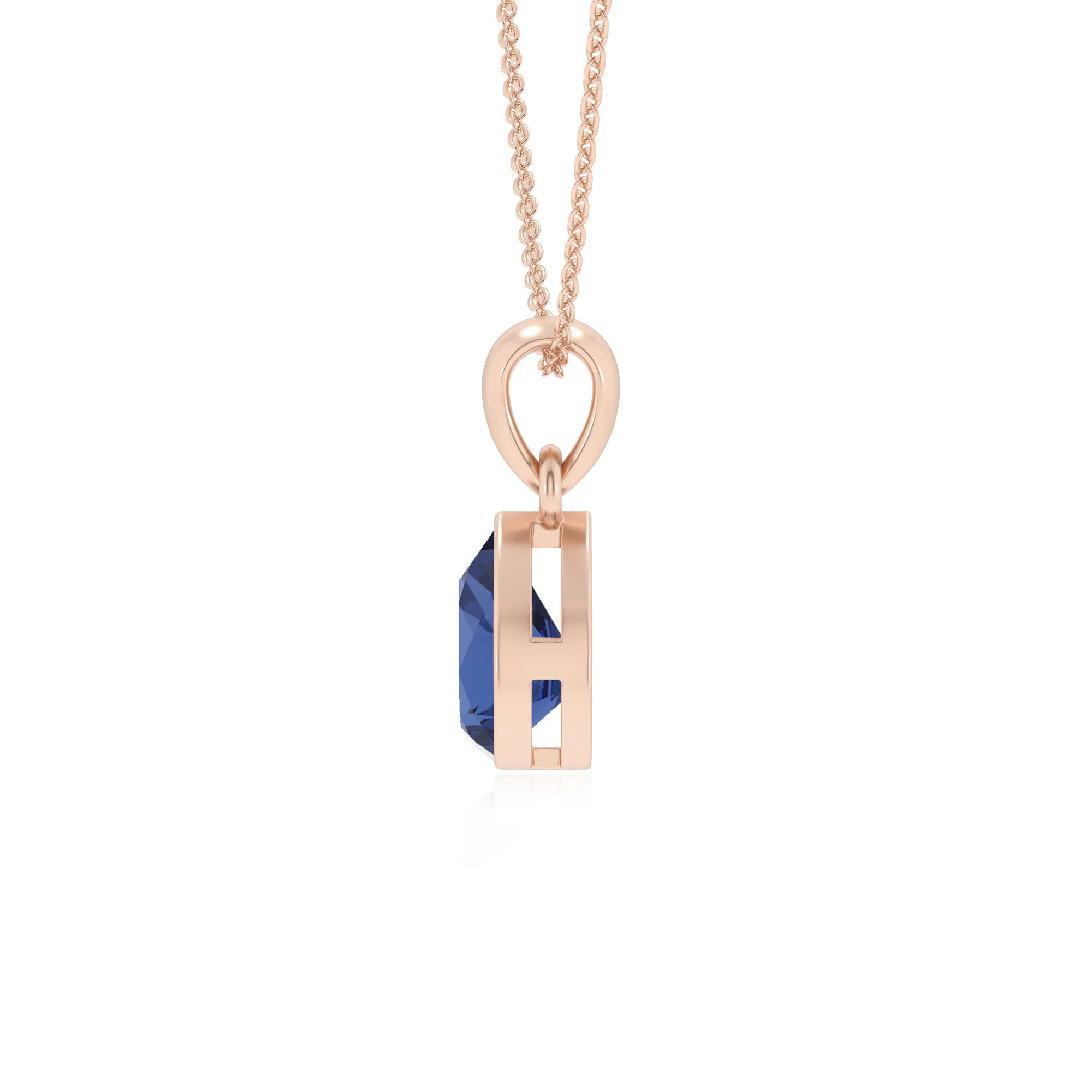 lab grown blue-sapphire pear solitaire necklaces in rose gold