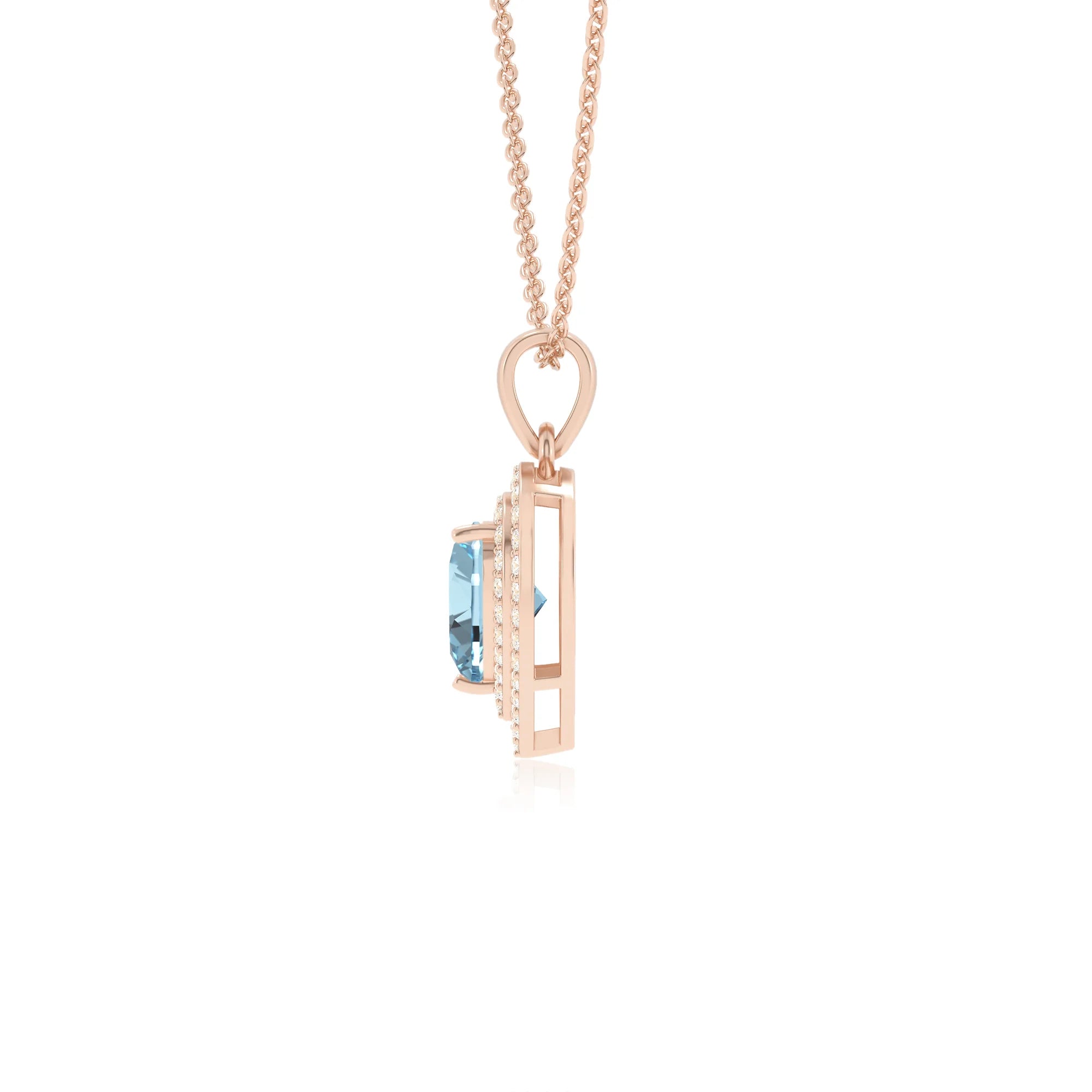 lab grown aquamarine heart halo necklaces in rose gold