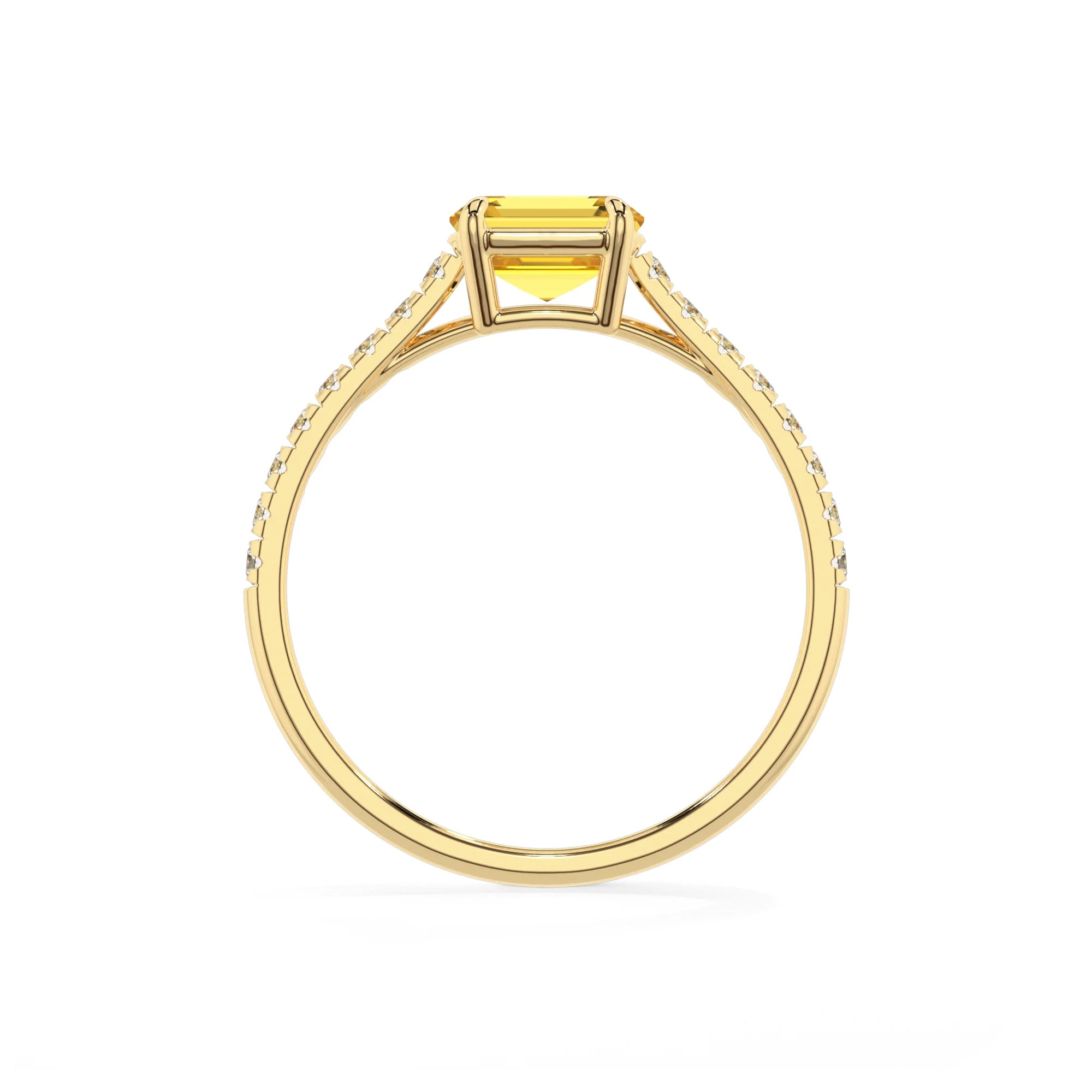 lab grown yellow-sapphire emerald cut half eternity solitaire engagement rings in yellow gold