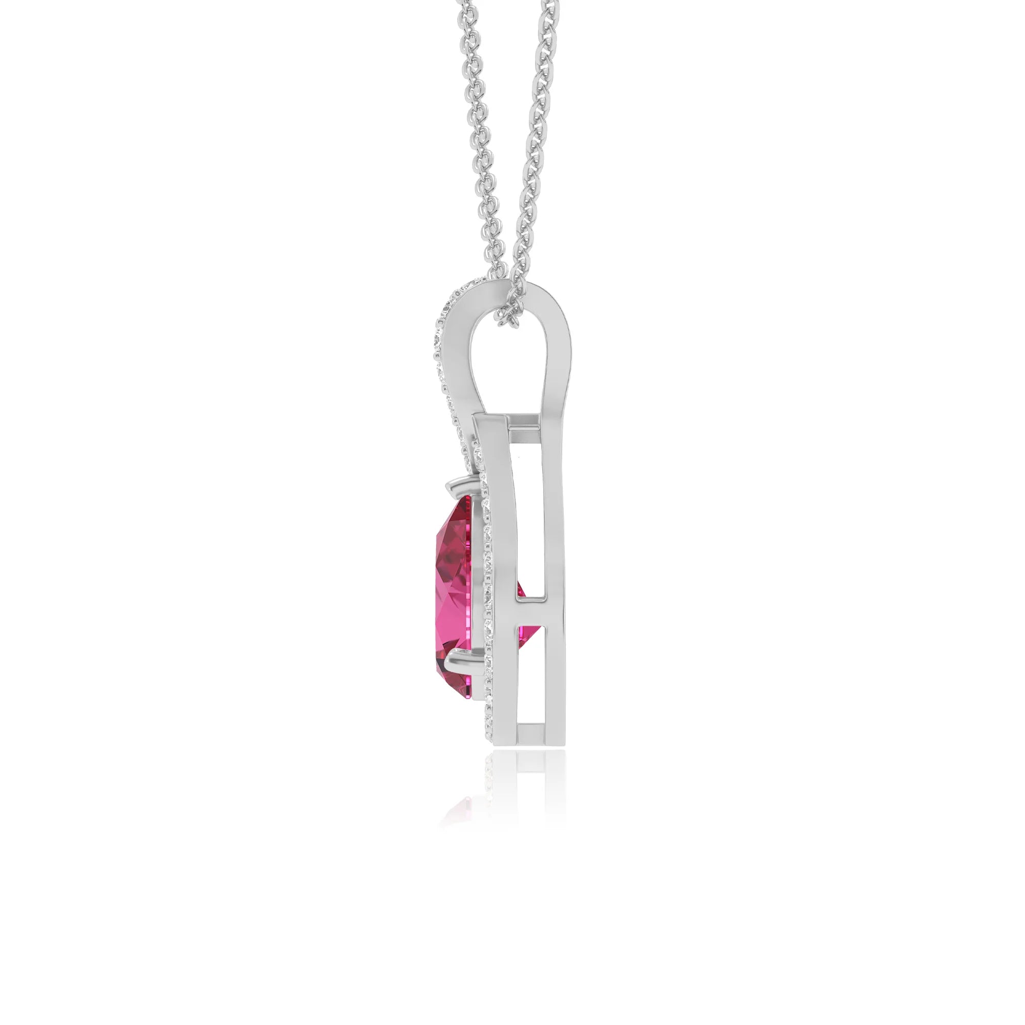 lab grown pink-sapphire pear solitaire necklaces in white gold