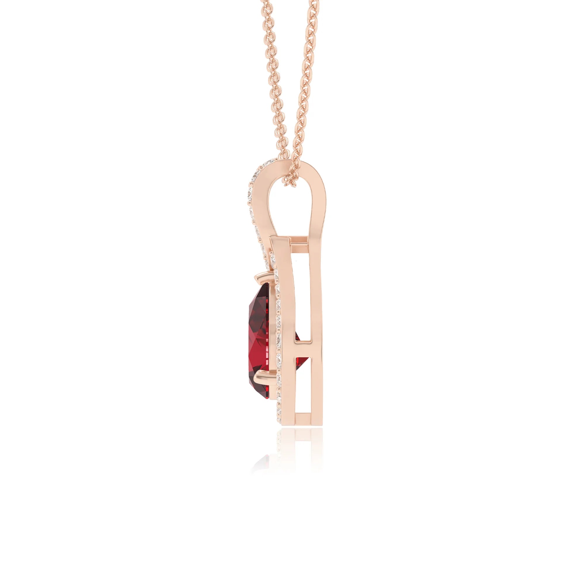 lab grown ruby pear solitaire necklaces in rose gold