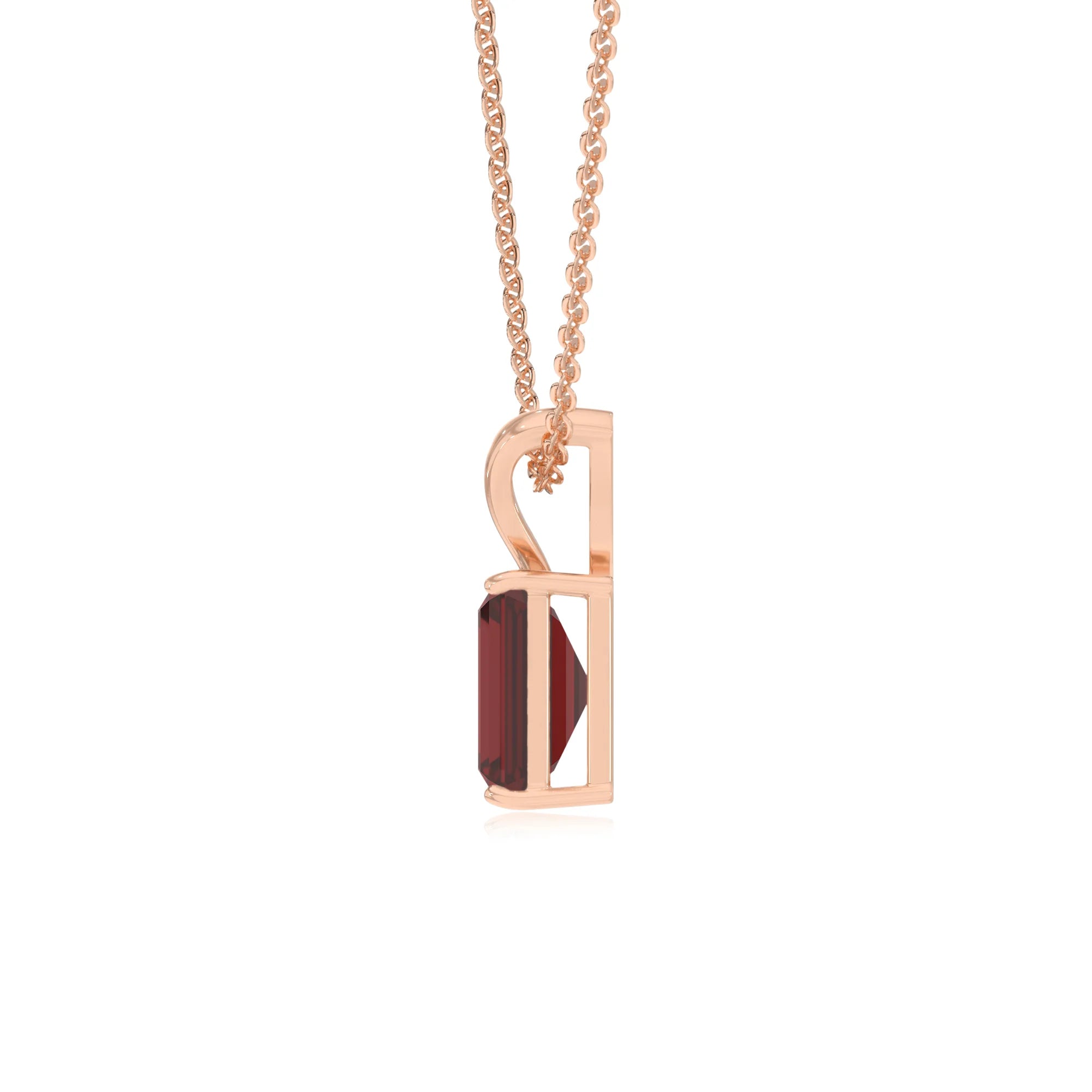 natural garnet emerald cut solitaire v-bale necklaces in rose gold