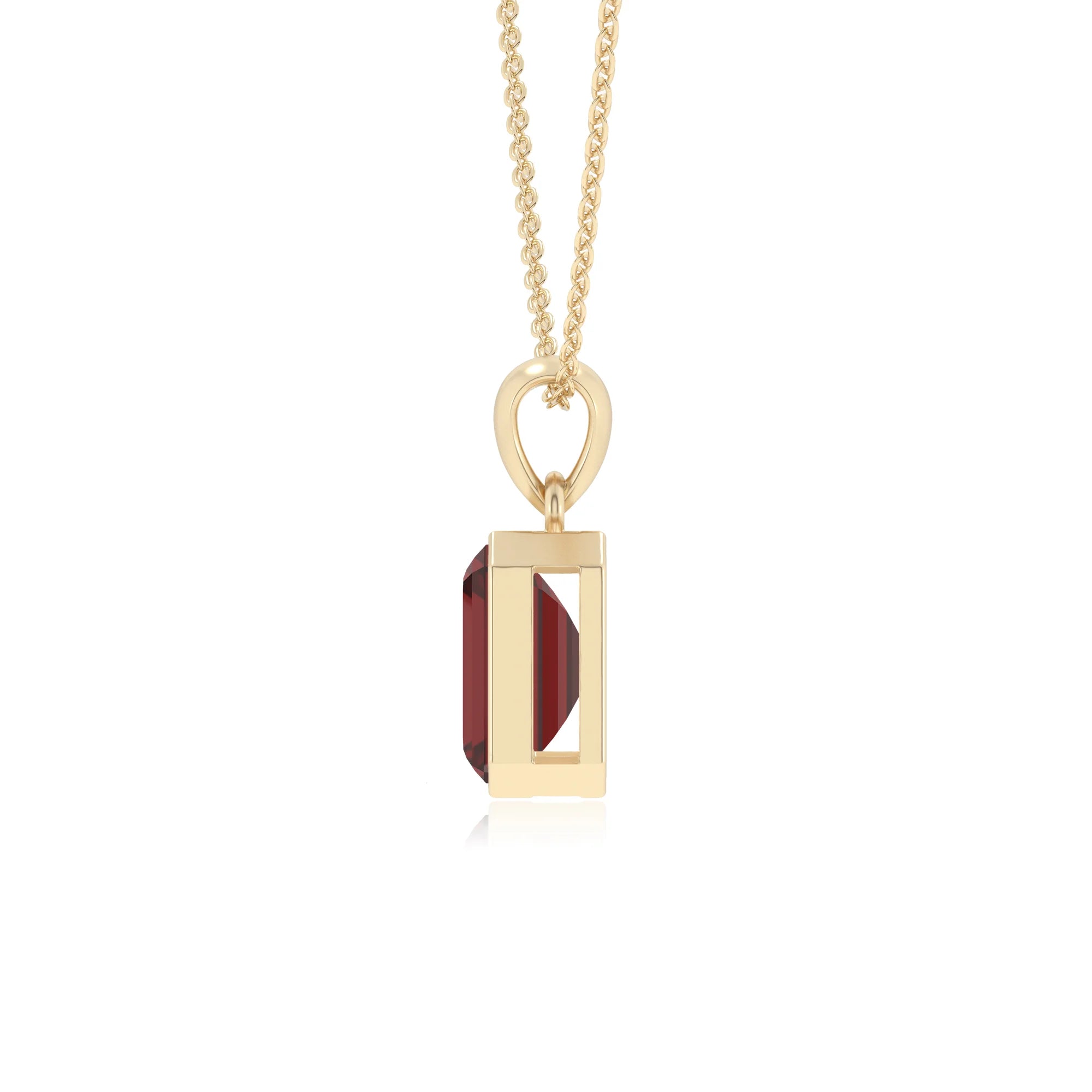 natural garnet emerald cut solitaire necklaces in yellow gold