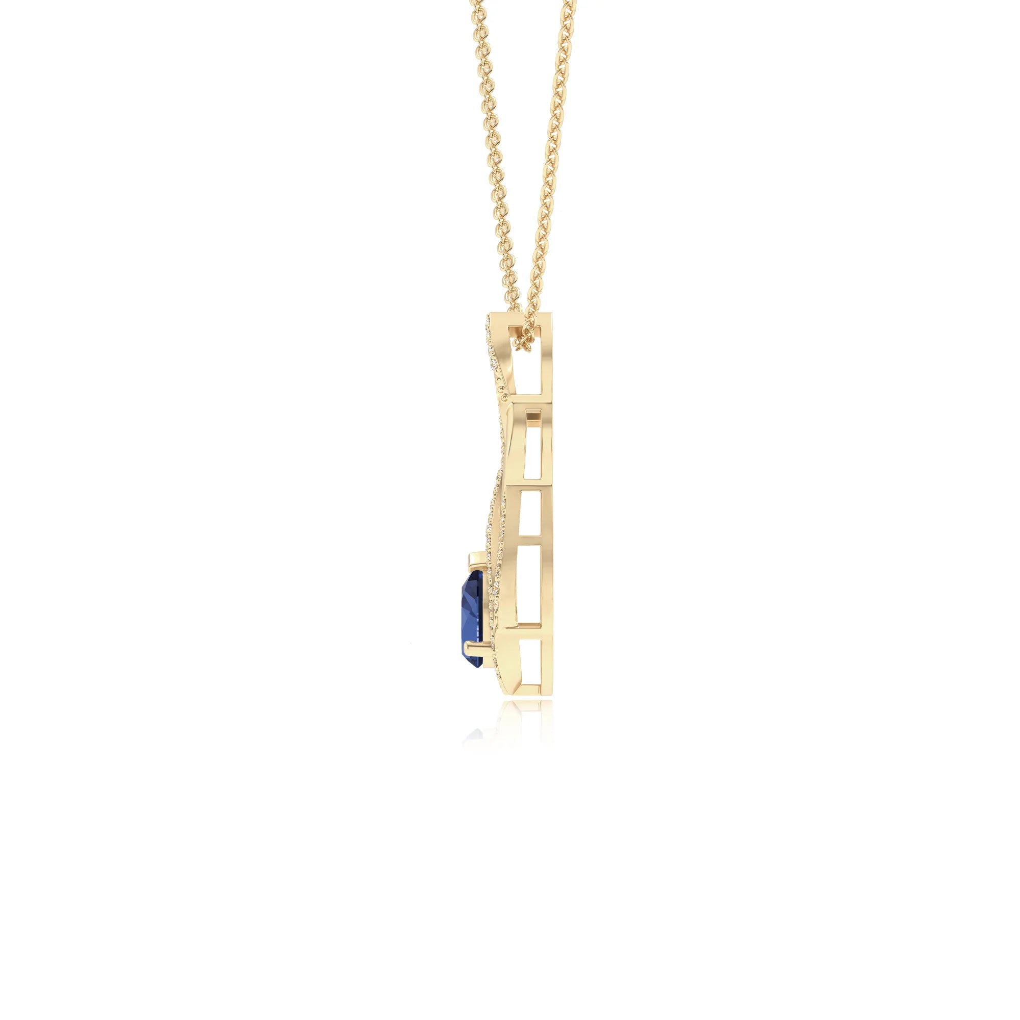 lab grown blue-sapphire pear solitaire necklaces in yellow gold
