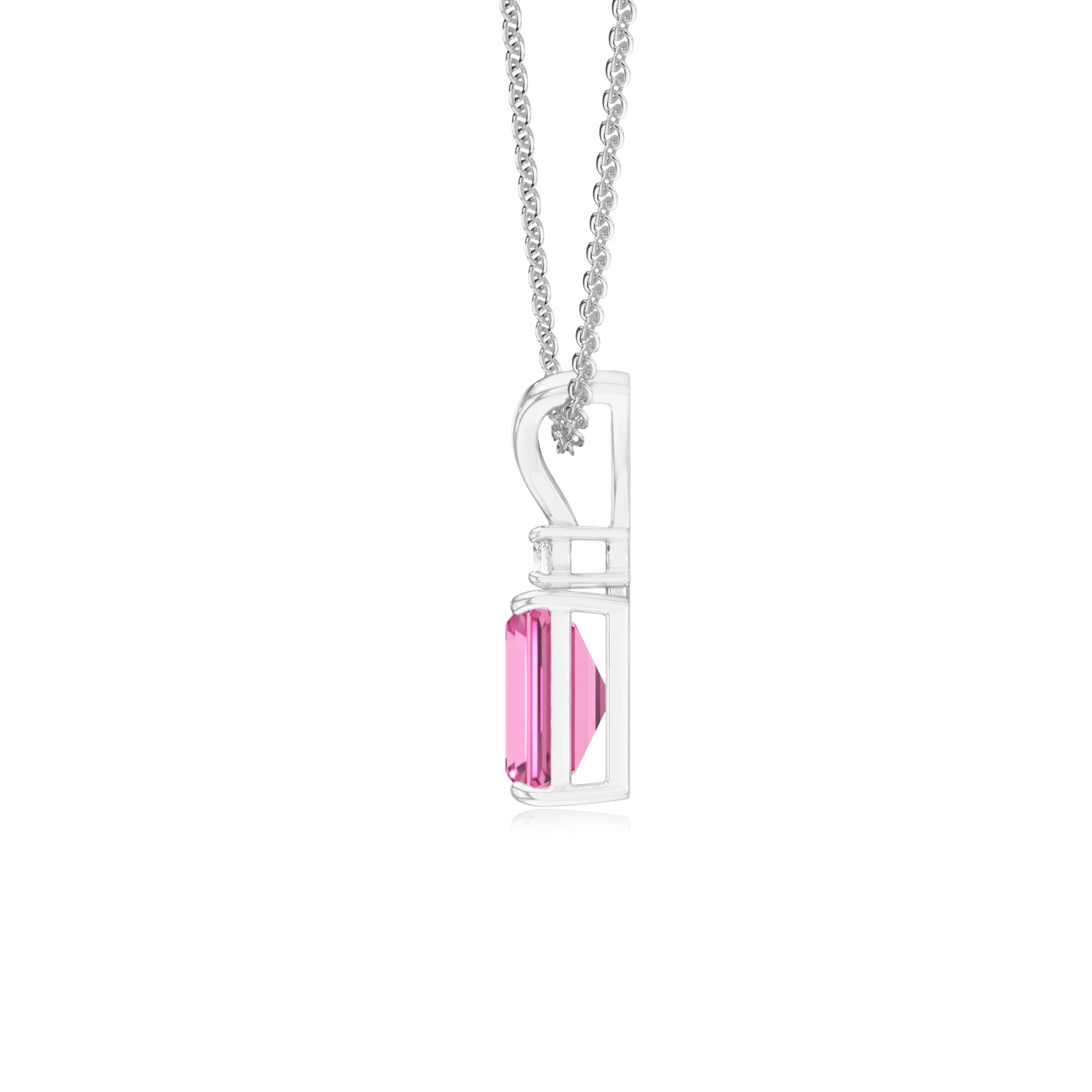 lab grown pink-sapphire emerald cut solitaire v-bale necklaces in white gold
