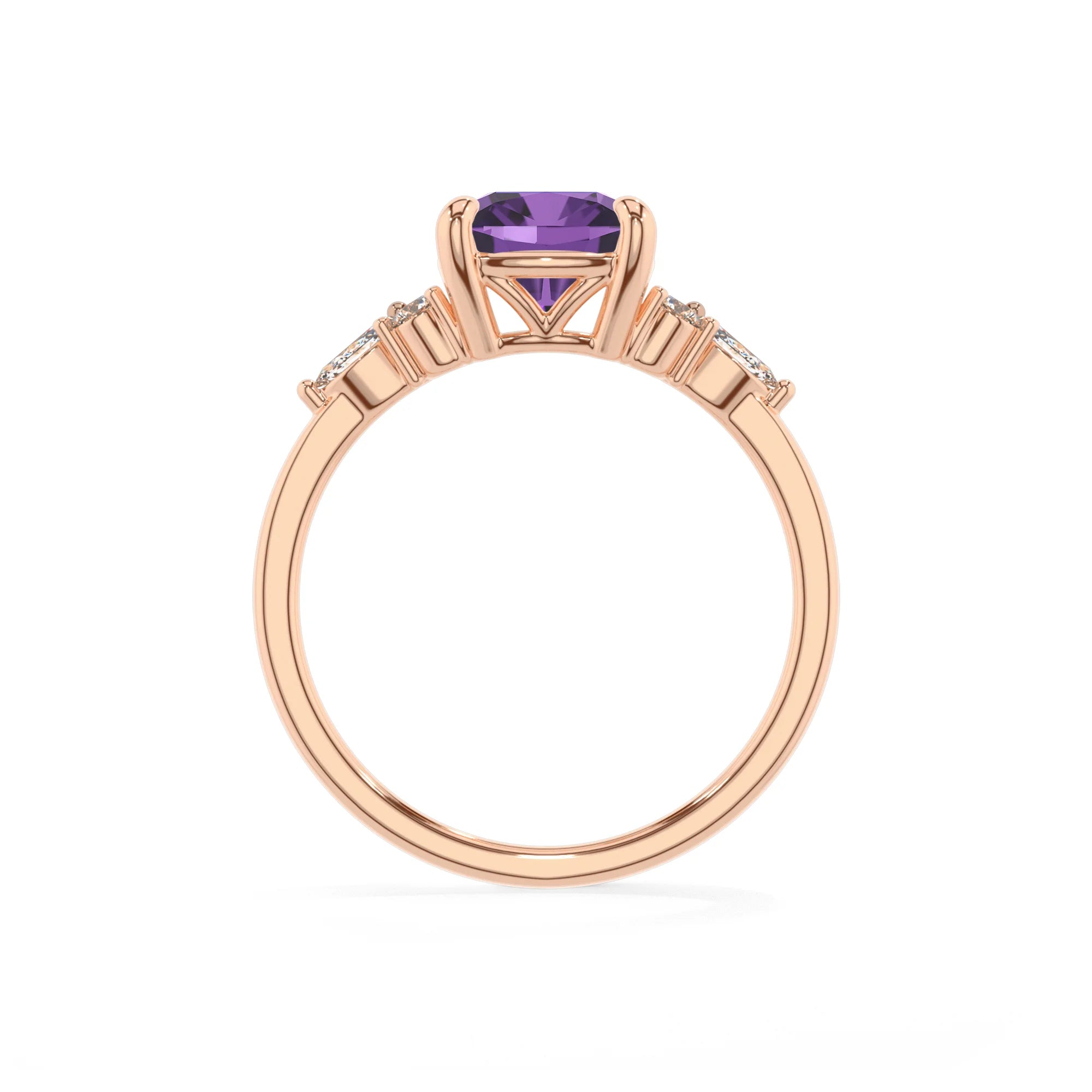 lab grown amethyst cushion solitaire rings in rose gold