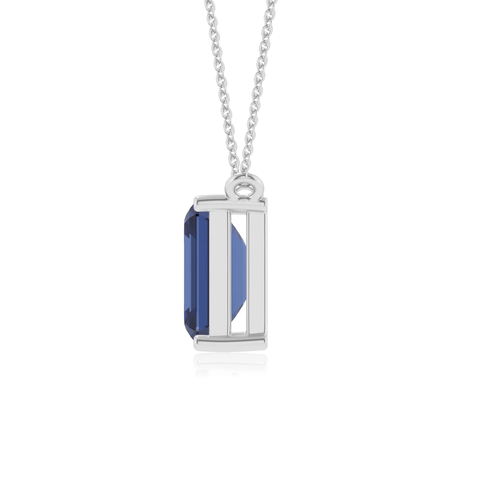 lab grown blue-sapphire emerald cut solitaire necklaces in sterling silver