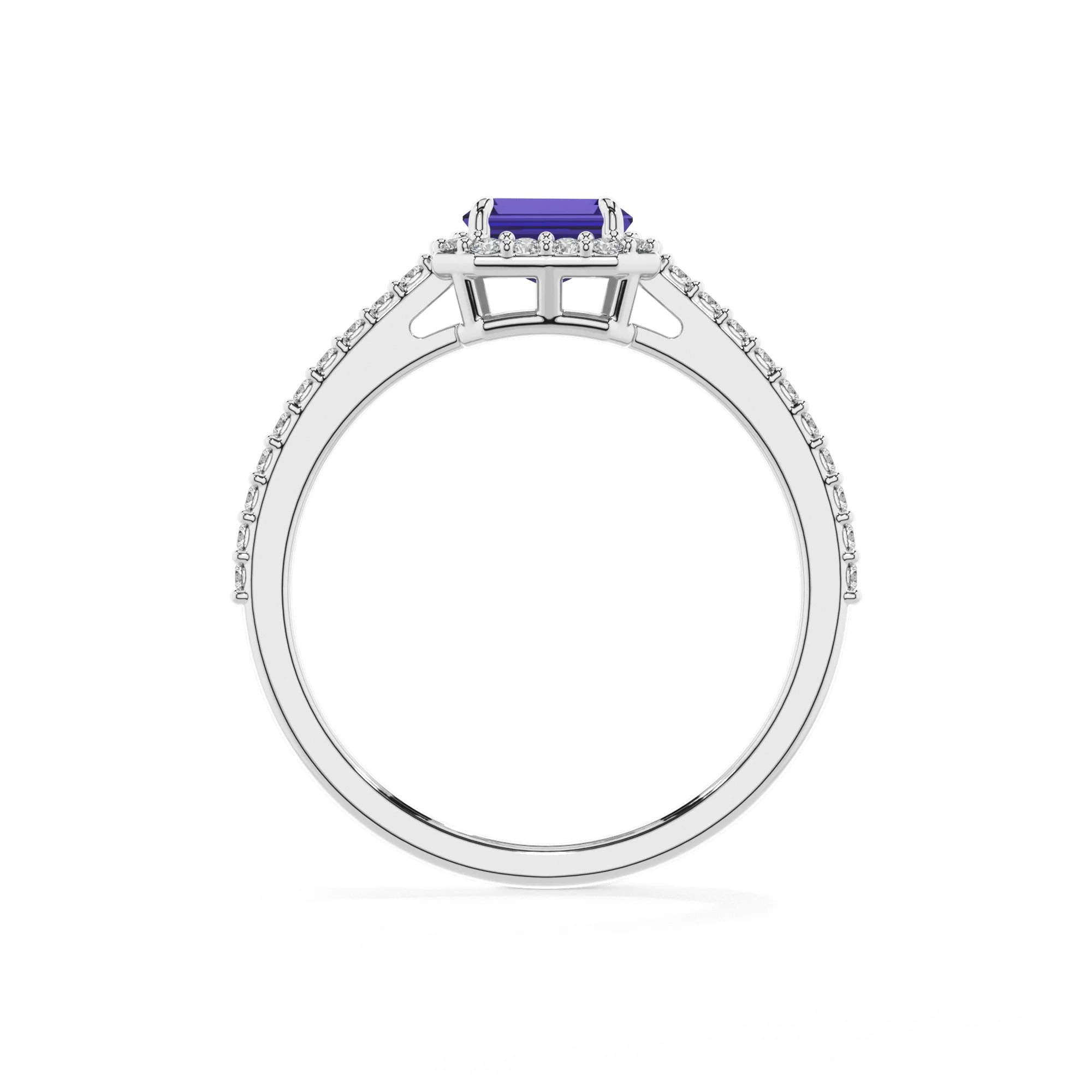 lab grown tanzanite emerald cut solitaire rings in white gold