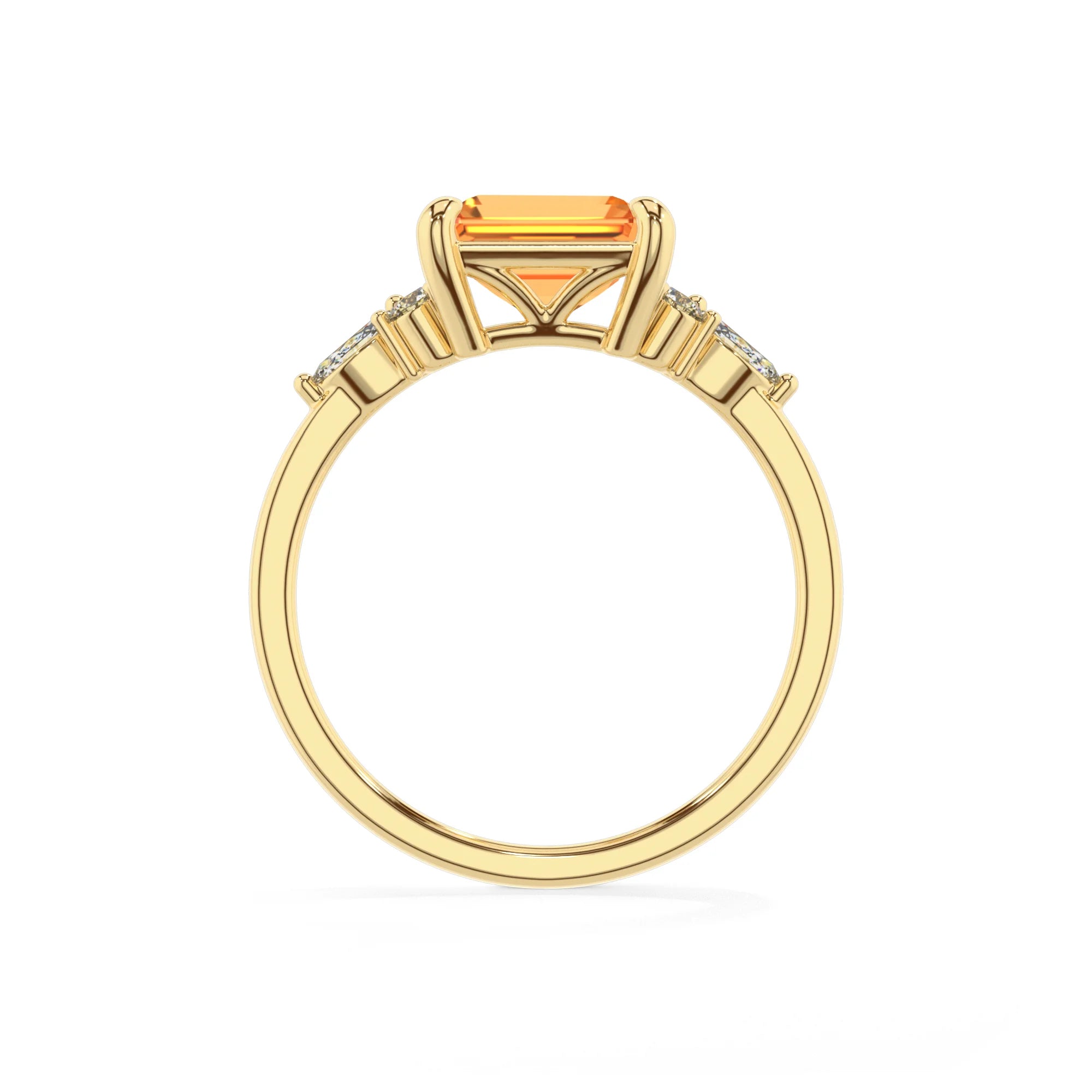 lab grown citrine emerald cut solitaire rings in yellow gold