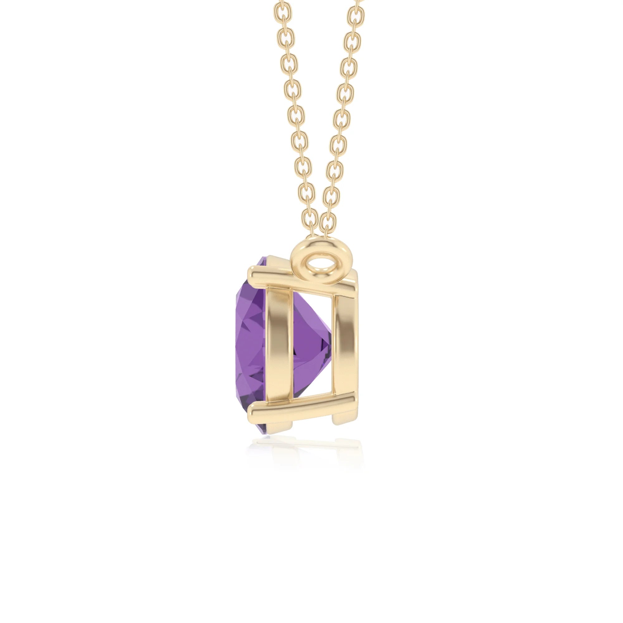 lab grown amethyst round solitaire necklaces in yellow gold