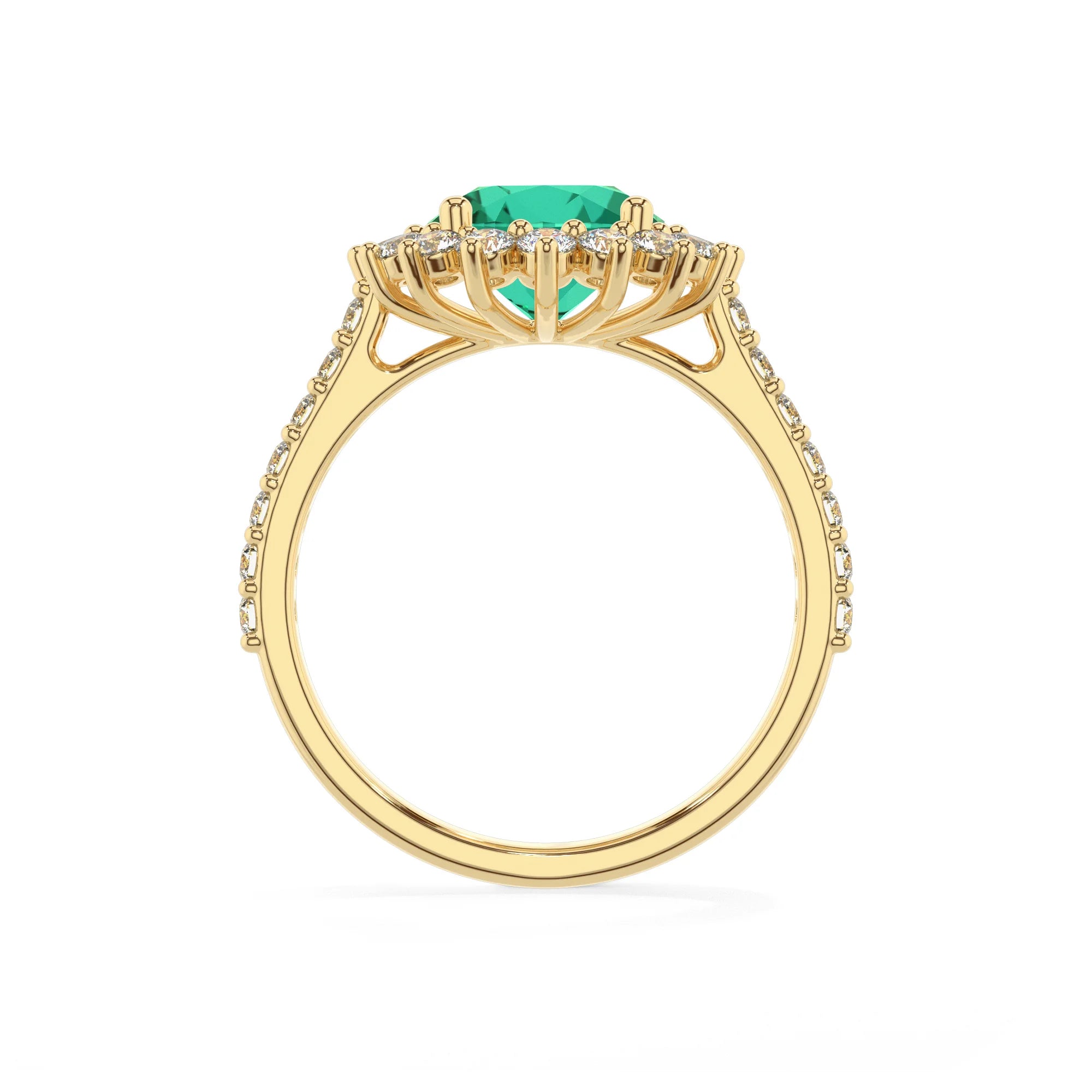 lab grown emerald round solitaire rings in yellow gold