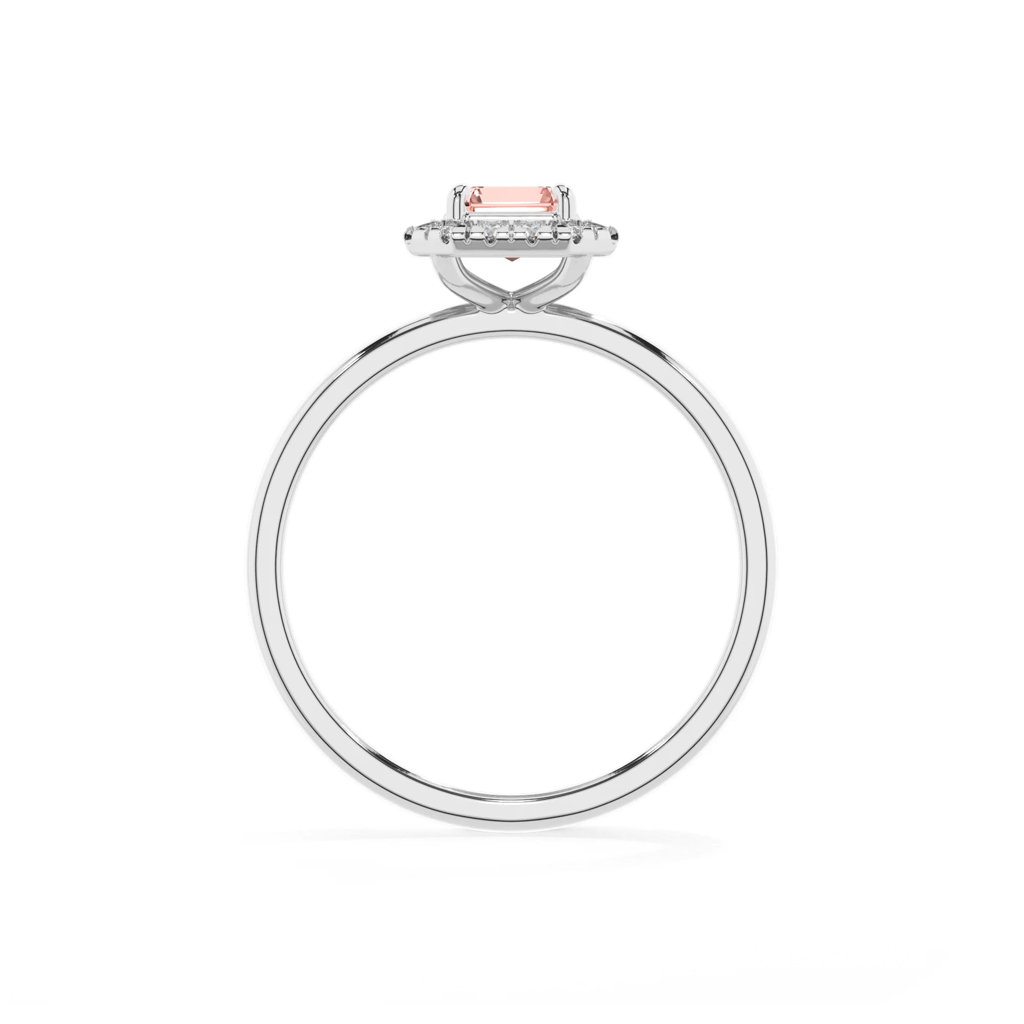 lab grown morganite emerald cut solitaire rings in white gold