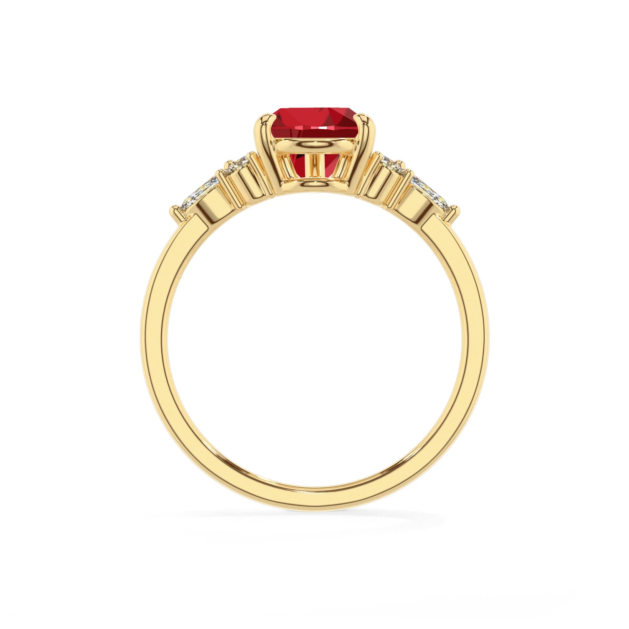 lab grown ruby pear solitaire rings in yellow gold