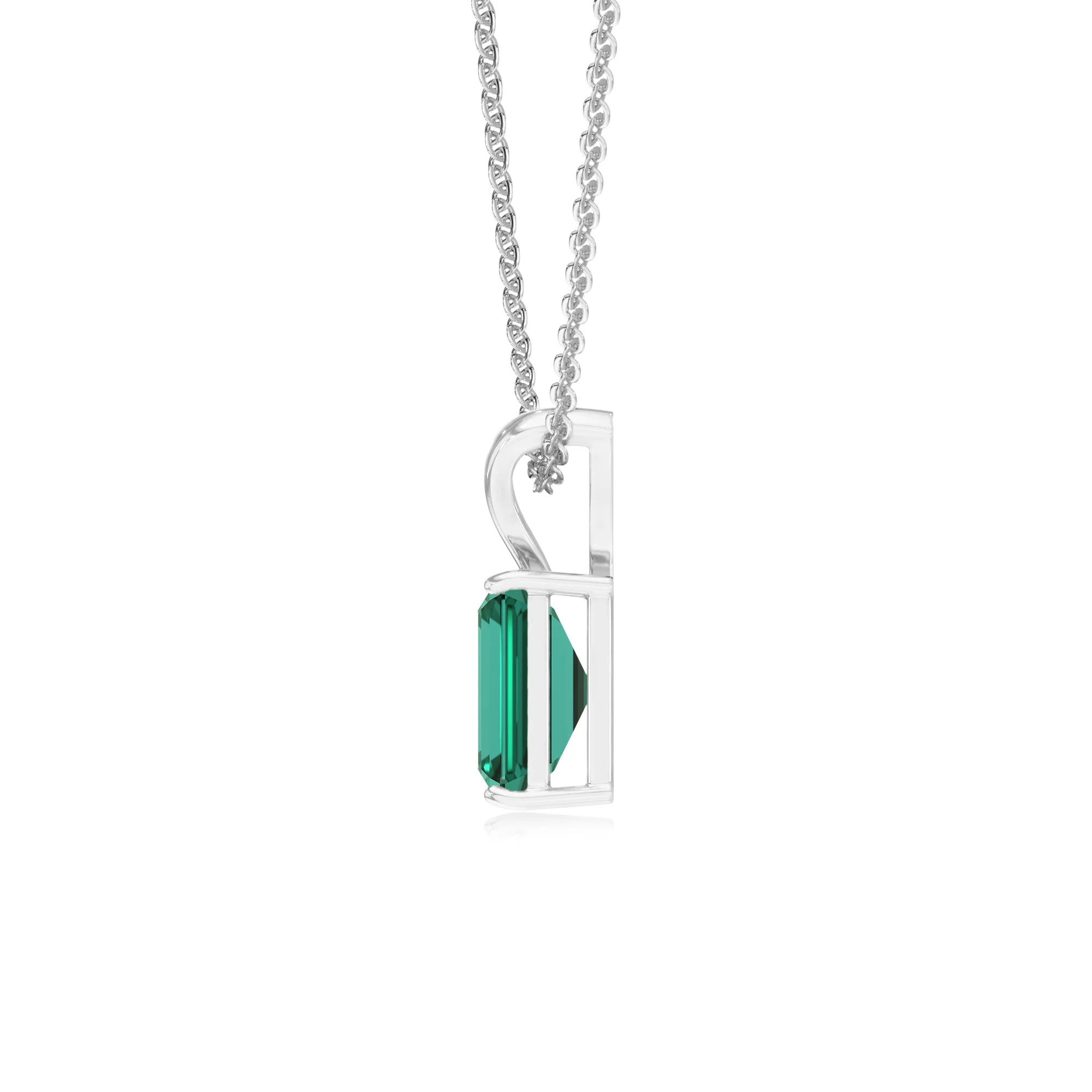 lab grown emerald octogon cut solitaire v-bale necklaces in sterling silver