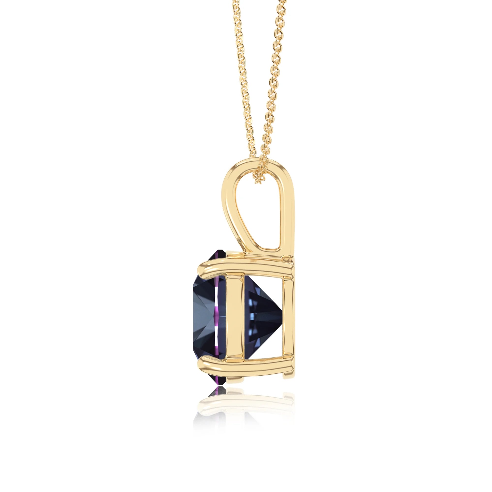 lab grown alexandrite round solitaire necklaces in yellow gold