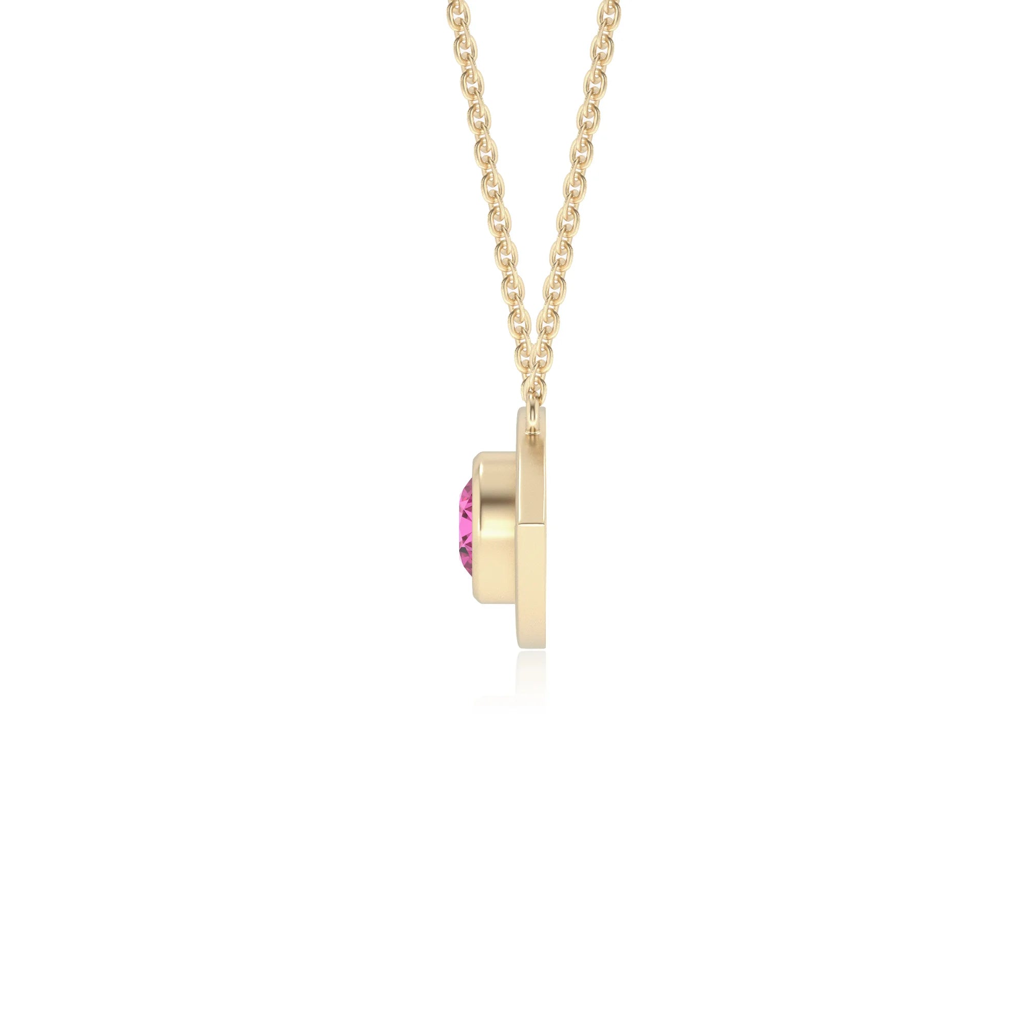 lab grown pink-sapphire round solitaire necklaces in yellow gold