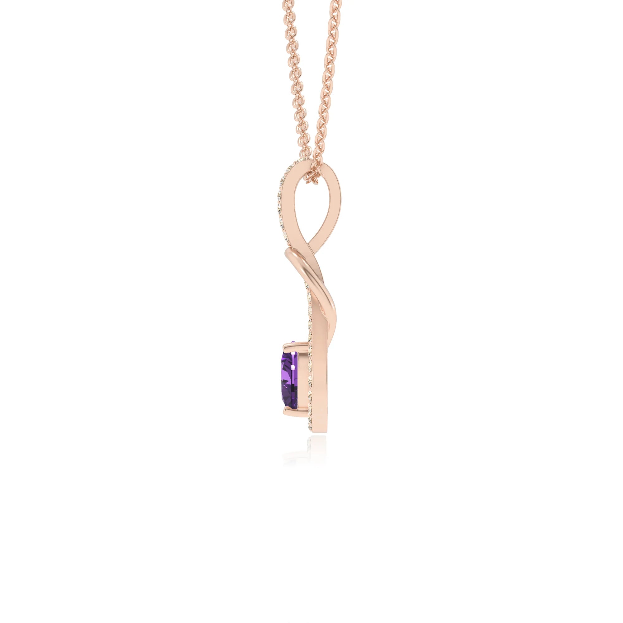 lab grown amethyst heart infinity v-bale necklaces in rose gold