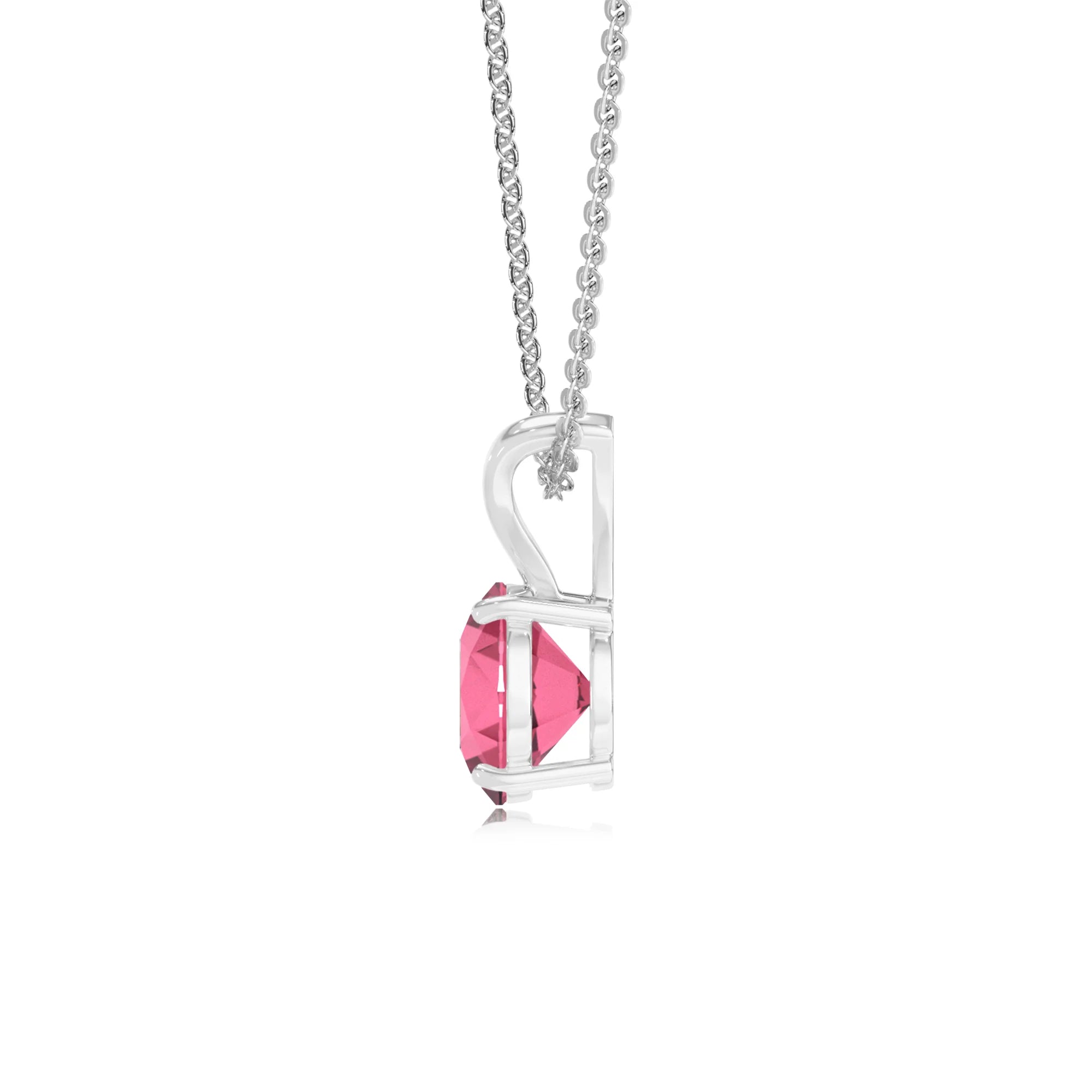 lab grown pink-tourmaline round solitaire v-bale necklaces in sterling silver