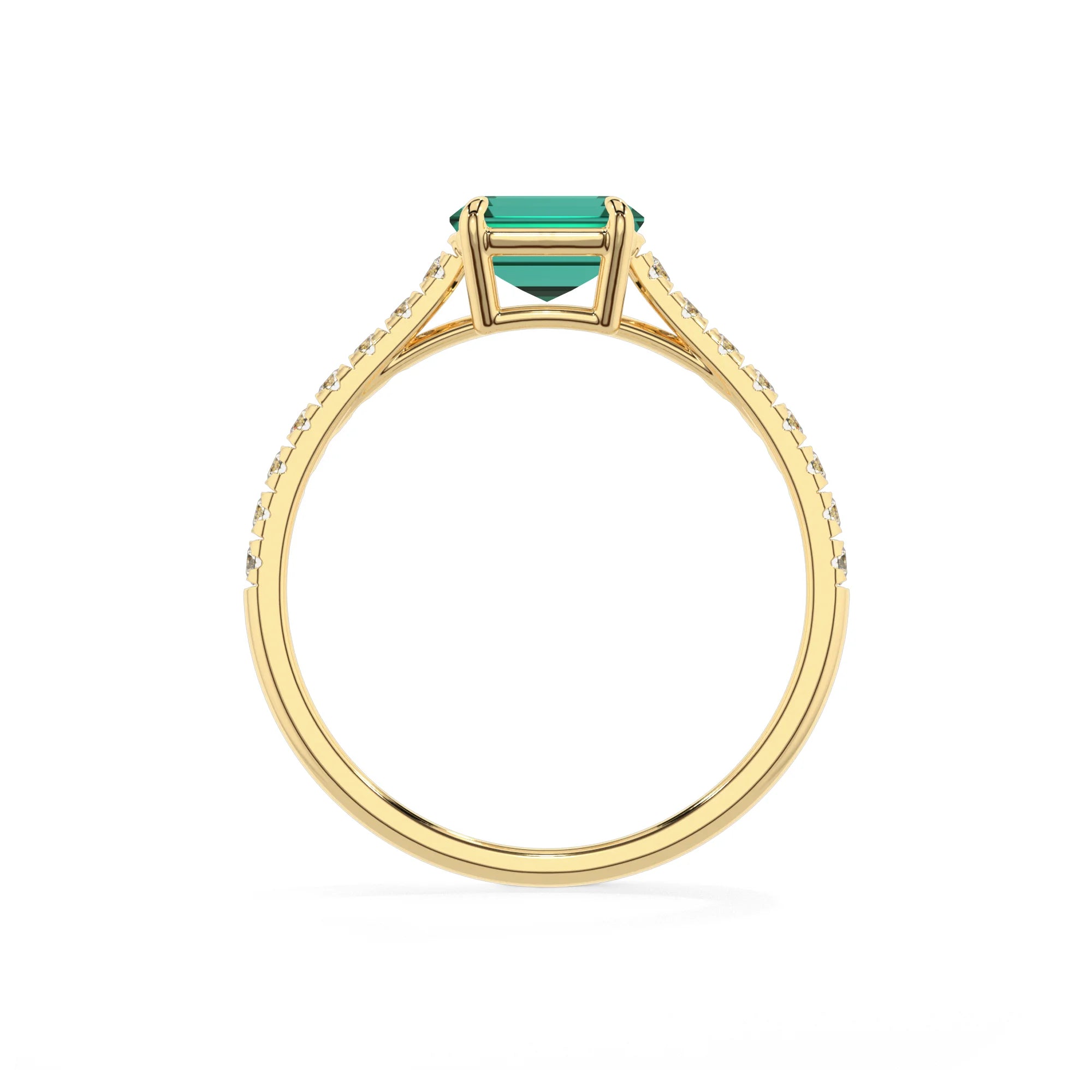 lab grown emerald octogon cut half eternity solitaire engagement rings in yellow gold