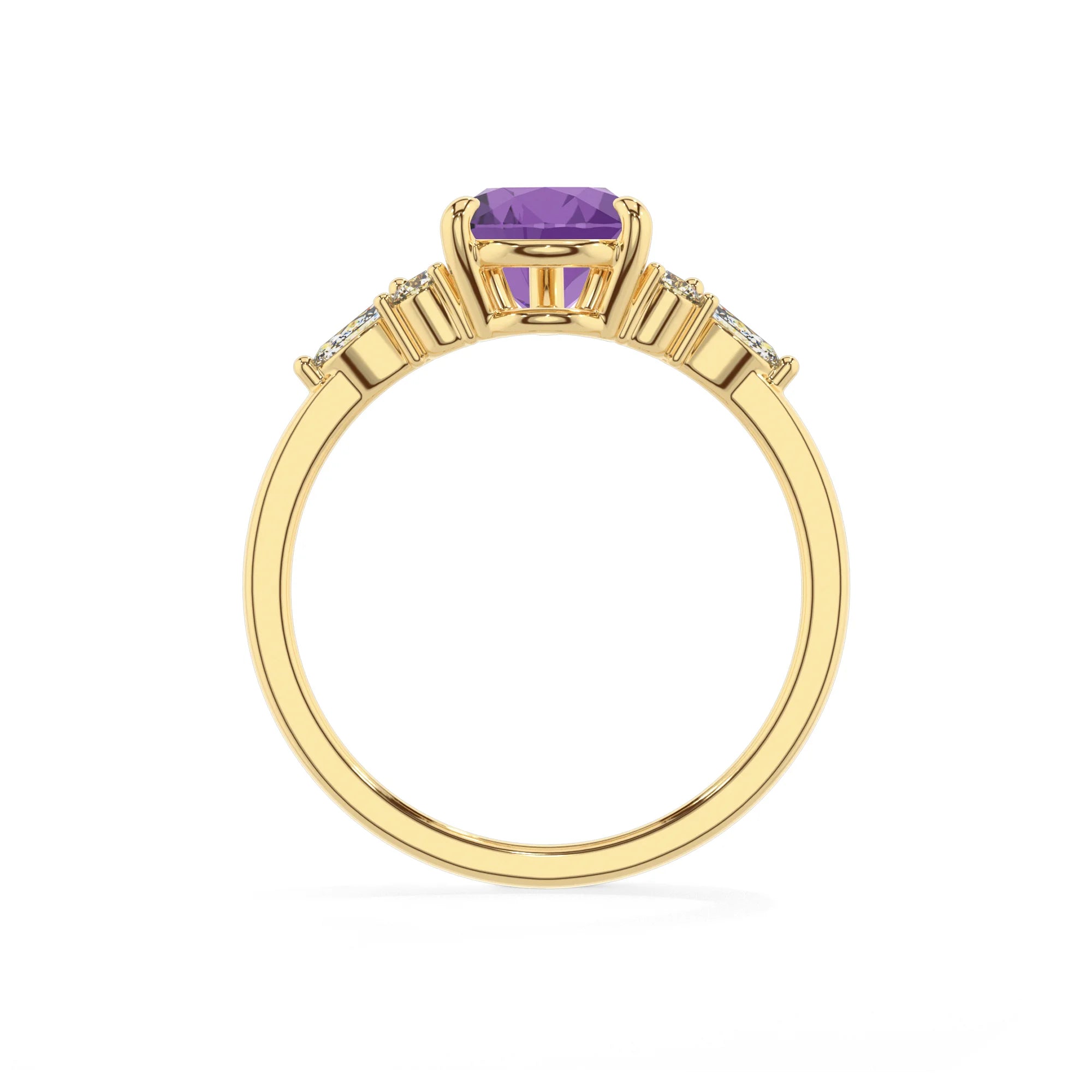 lab grown amethyst pear solitaire rings in yellow gold