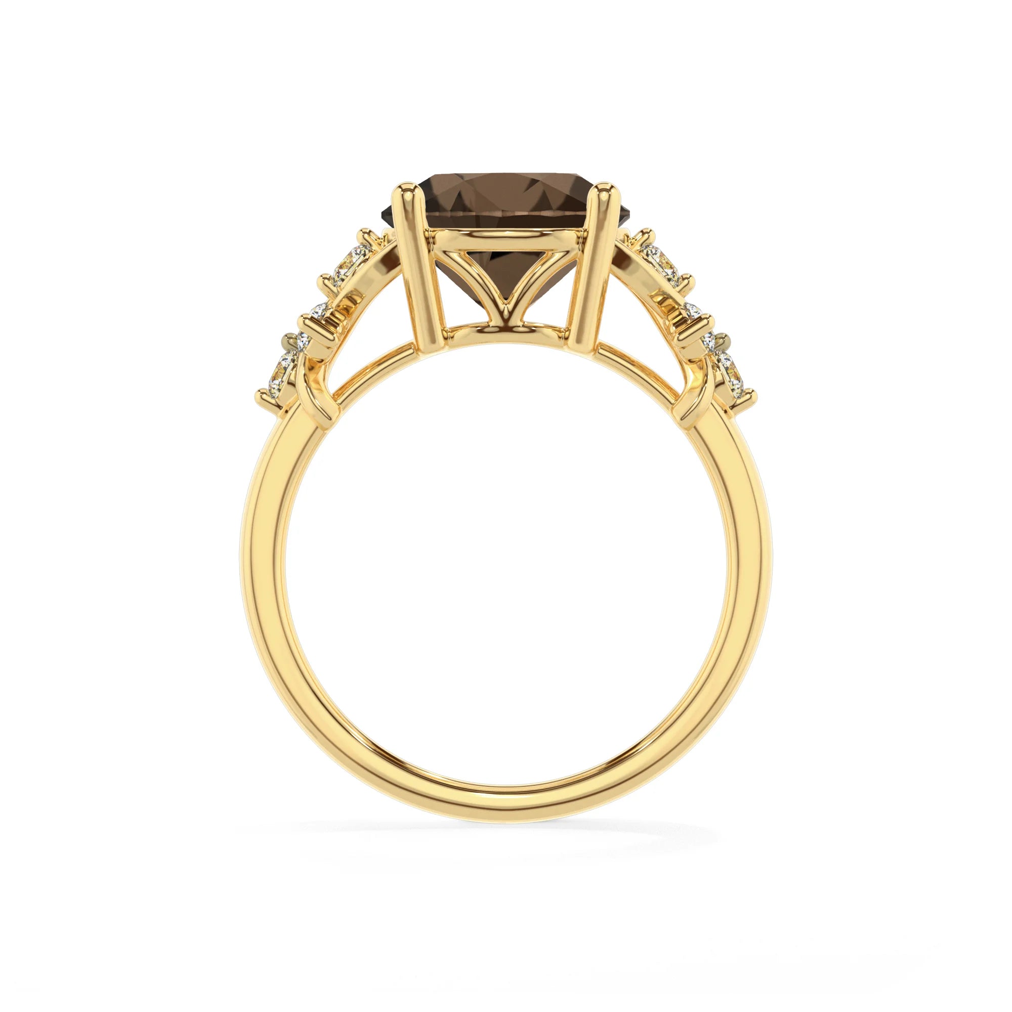 natural smoky-quartz round solitaire rings in yellow gold