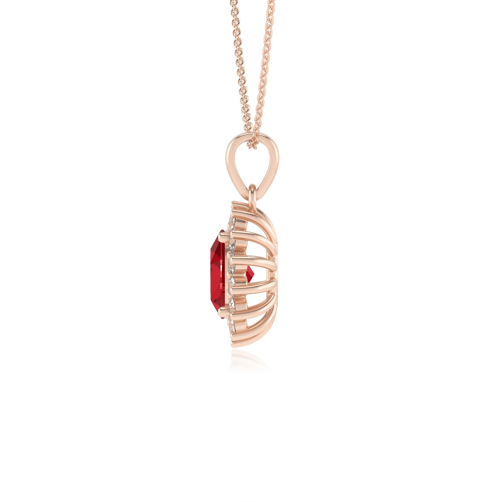 lab grown ruby oval halo necklaces in rose gold