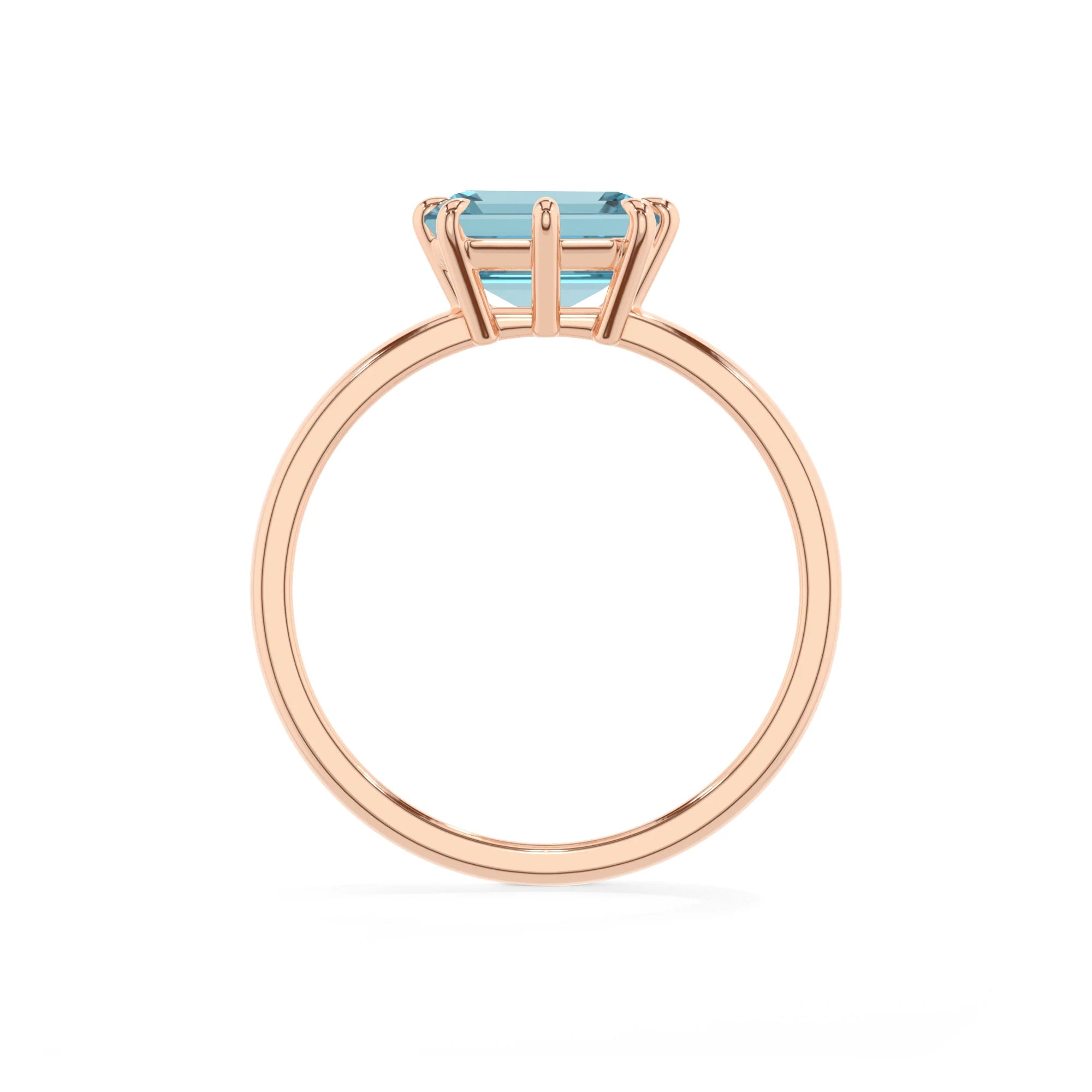 lab grown aquamarine emerald cut solitaire rings in rose gold