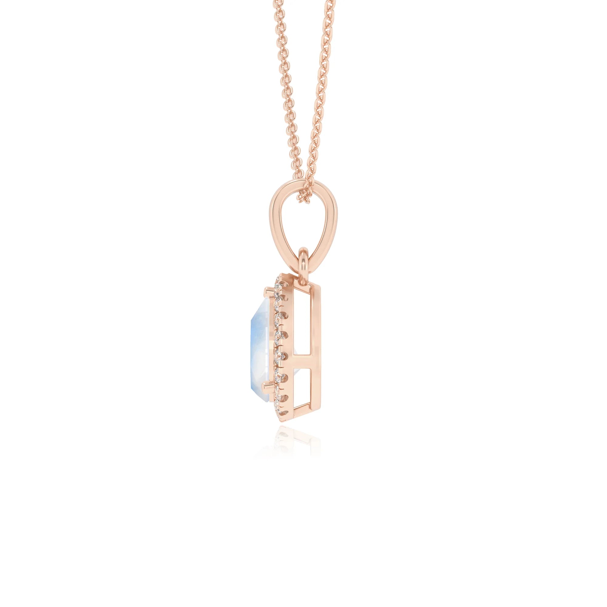natural rainbow-moonstone pear solitaire necklaces in rose gold