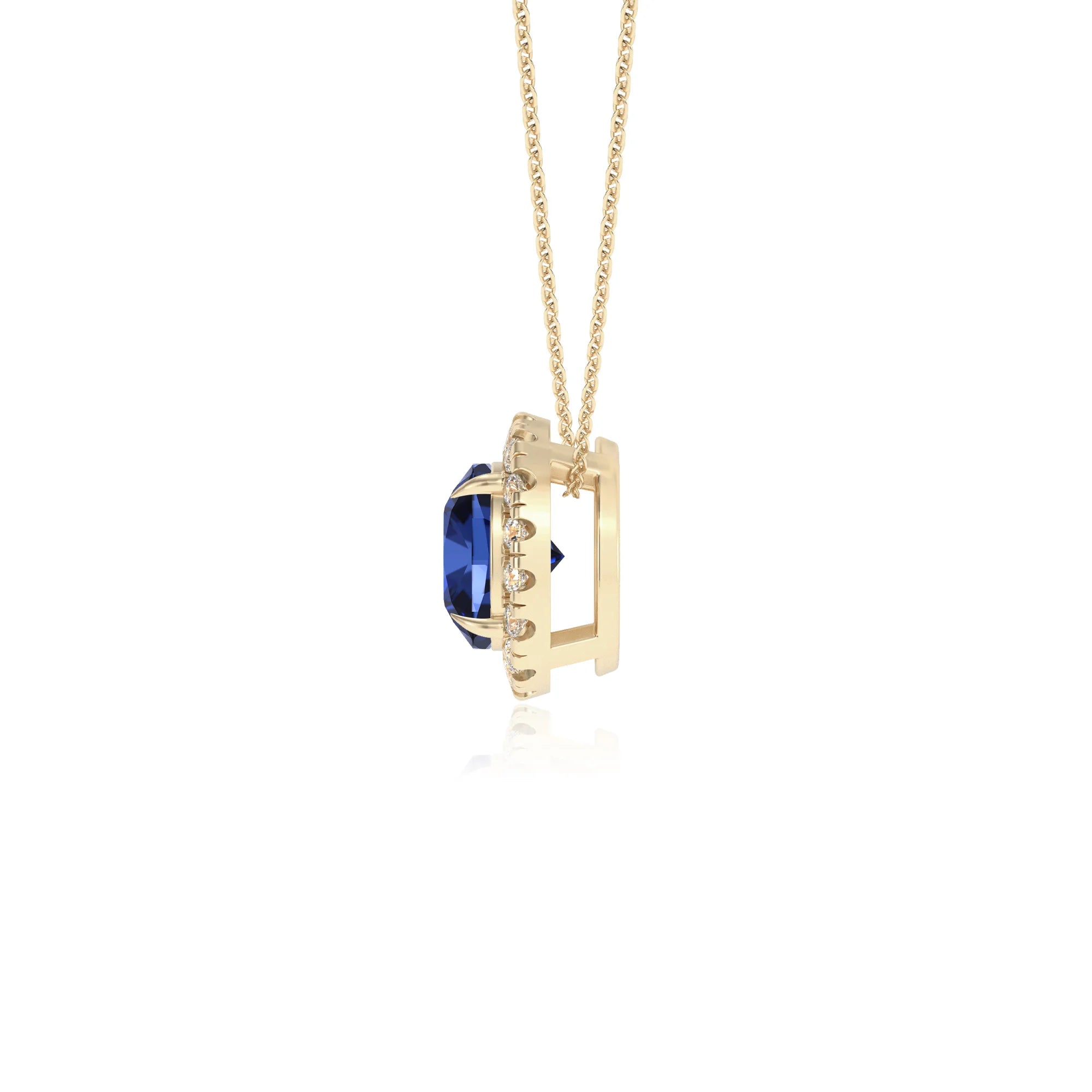 lab grown blue sapphire cushion solitaire necklaces in yellow gold