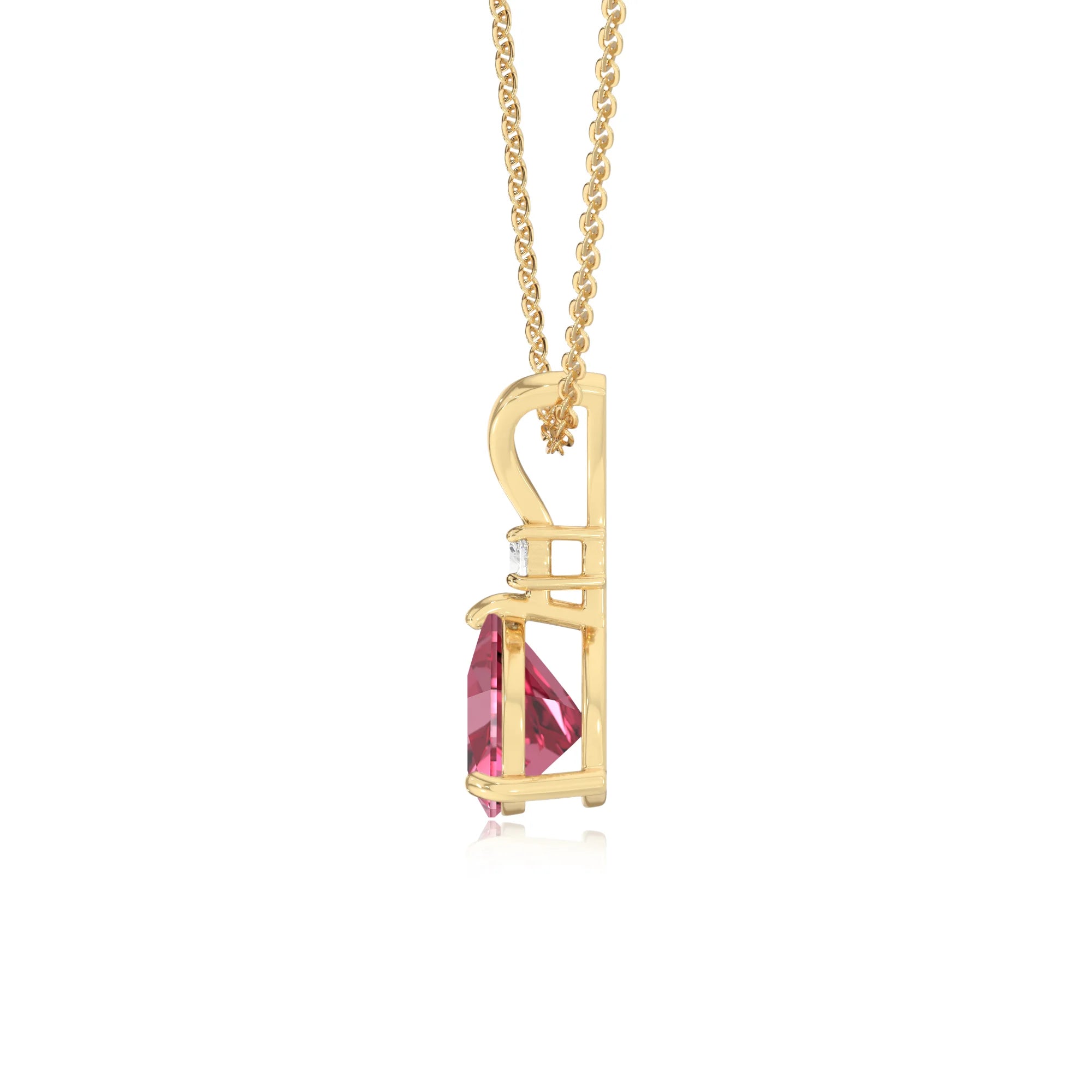 lab grown pink-tourmaline trillion solitaire v-bale necklaces in yellow gold