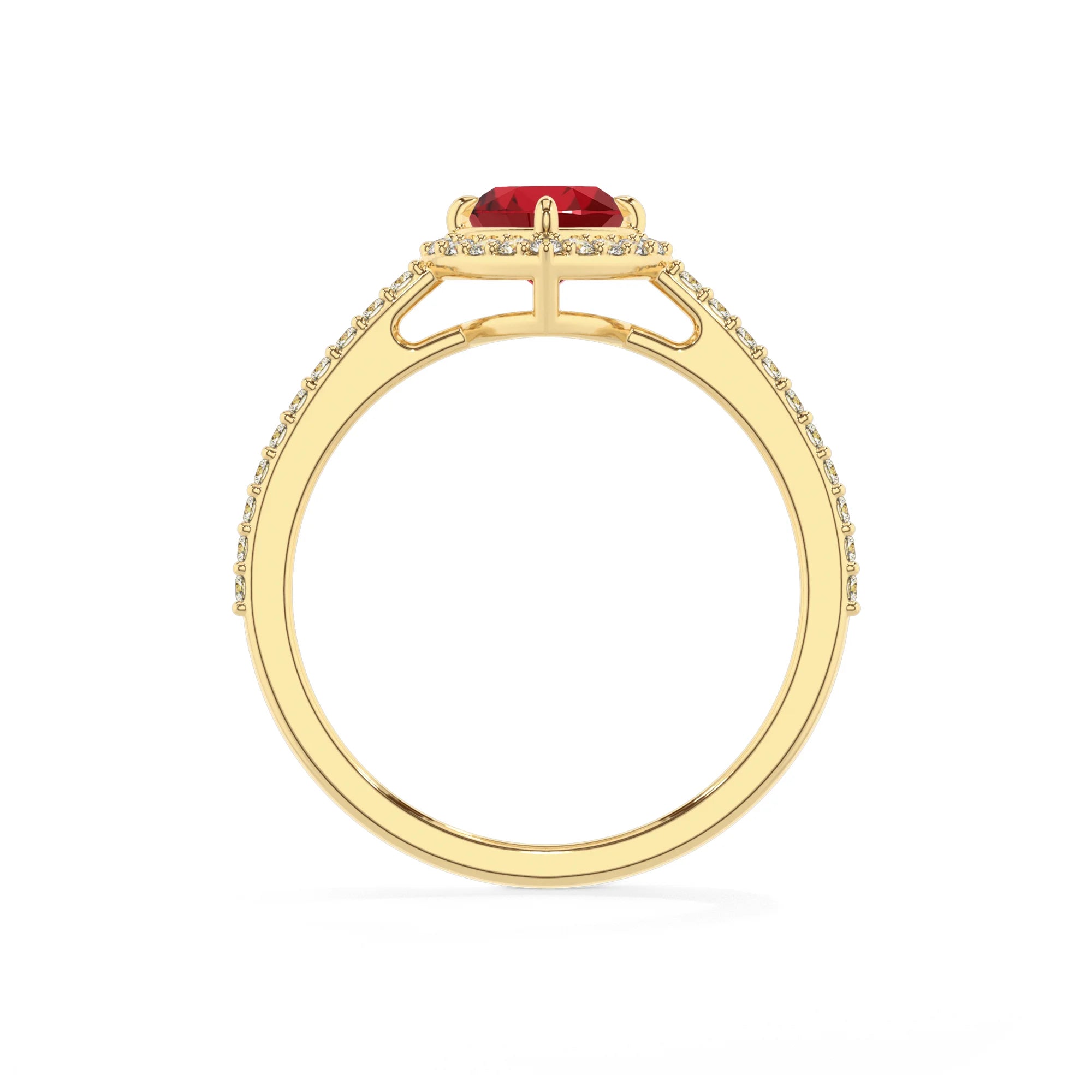 lab grown ruby heart solitaire rings in yellow gold