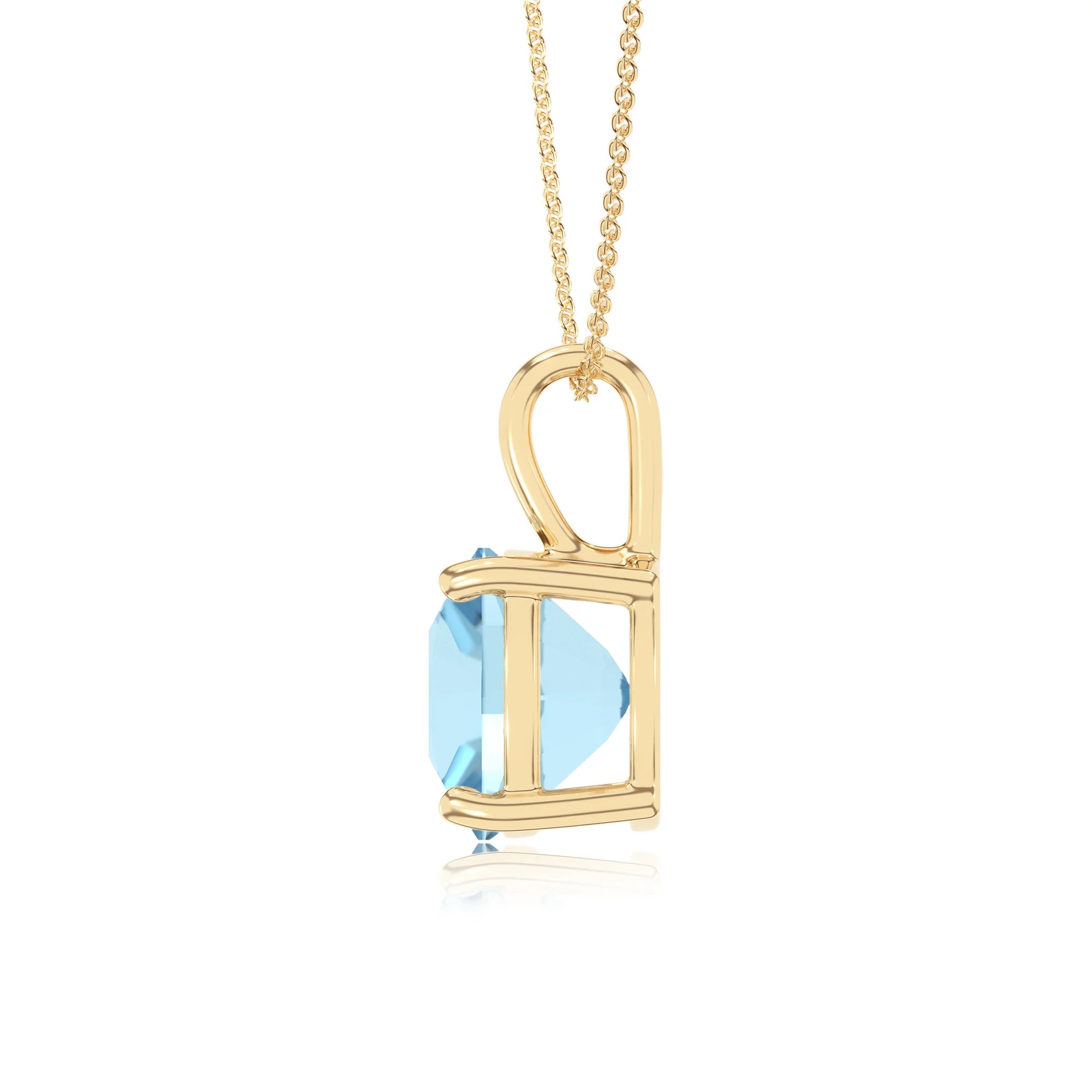 lab grown aquamarine cushion solitaire necklaces in yellow gold