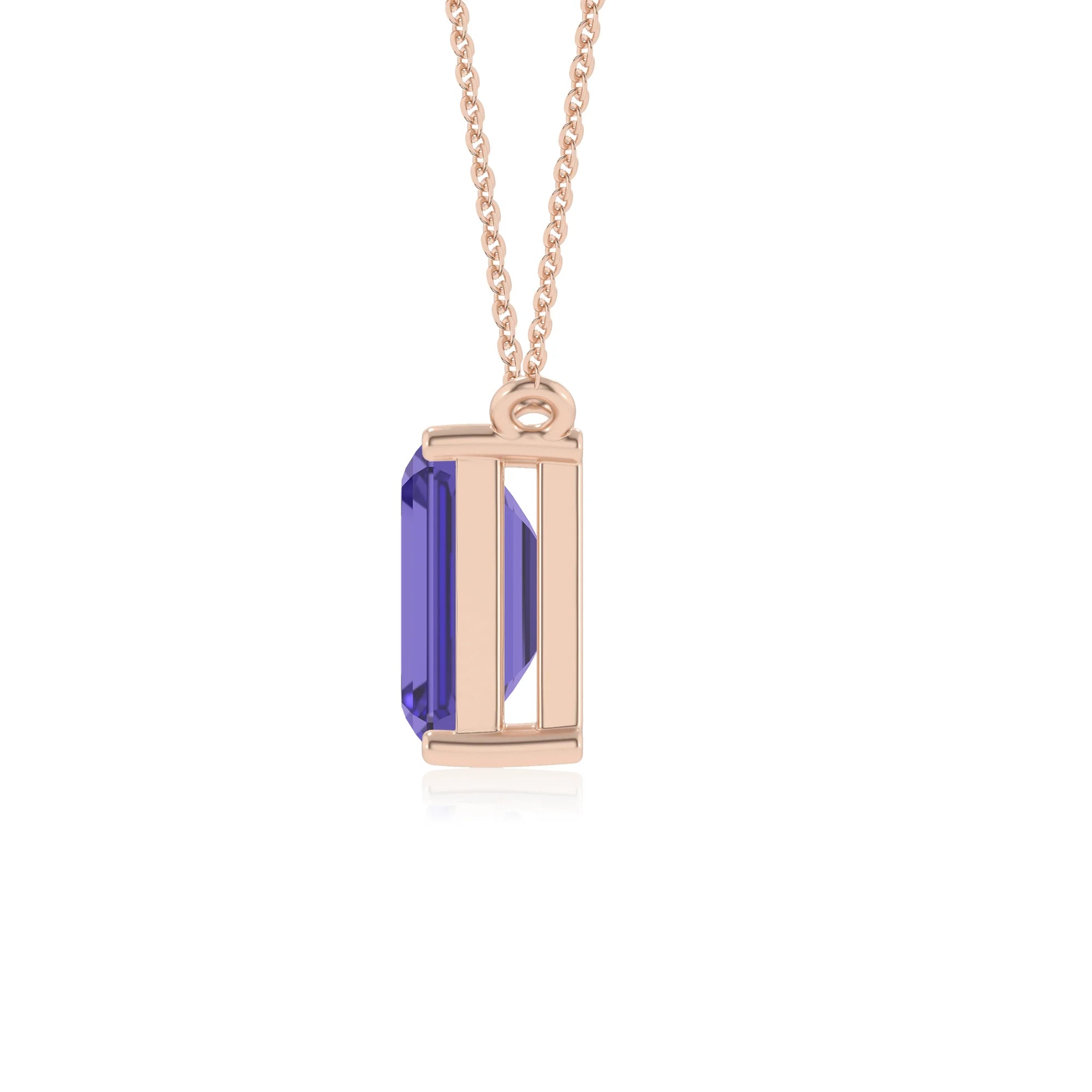 lab grown tanzanite emerald cut solitaire necklaces in rose gold