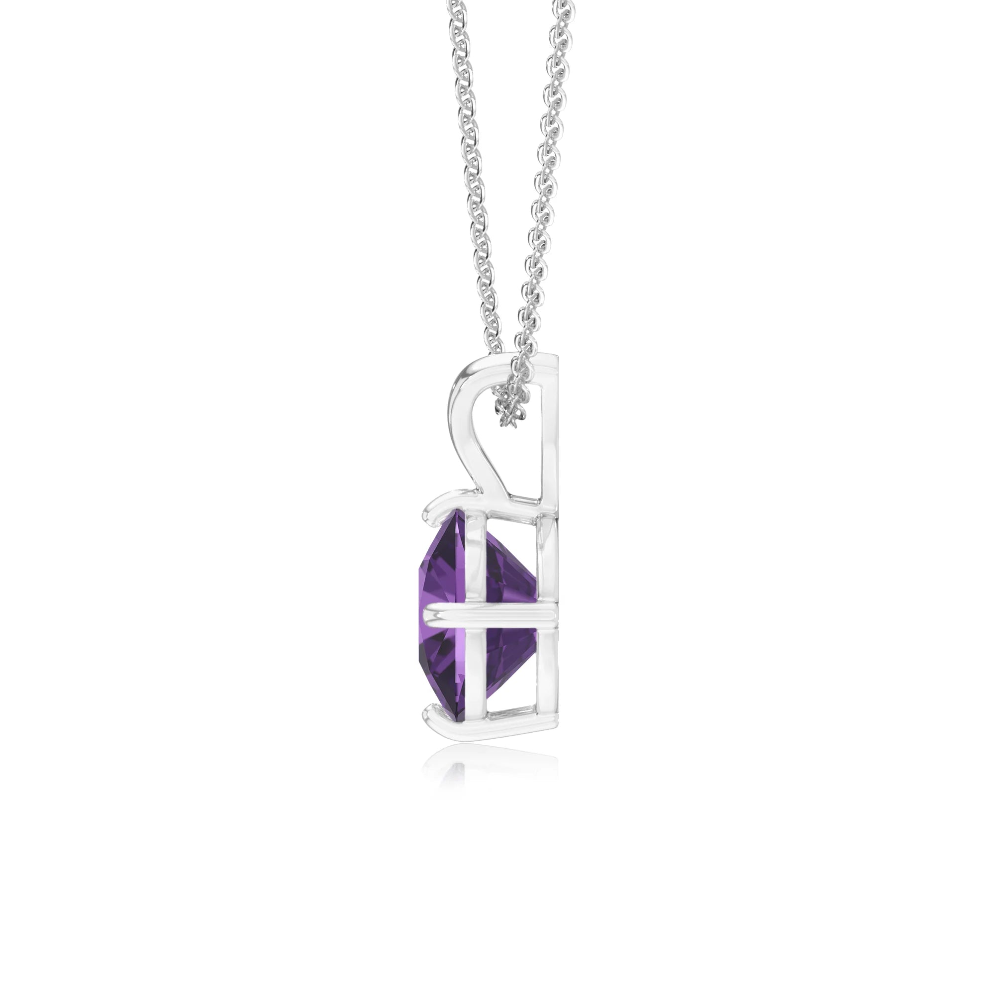 lab grown amethyst cushion solitaire v-bale necklaces in platinum