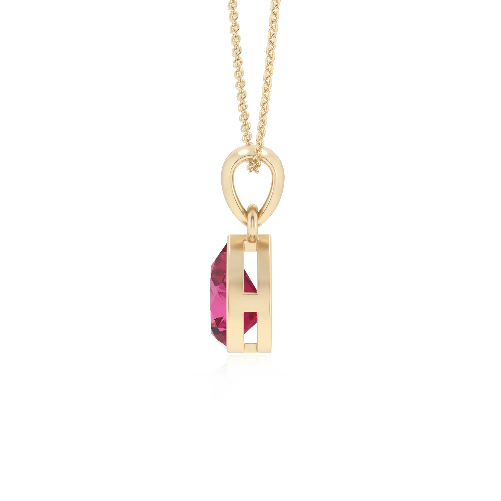 lab grown pink-sapphire pear solitaire necklaces in yellow gold