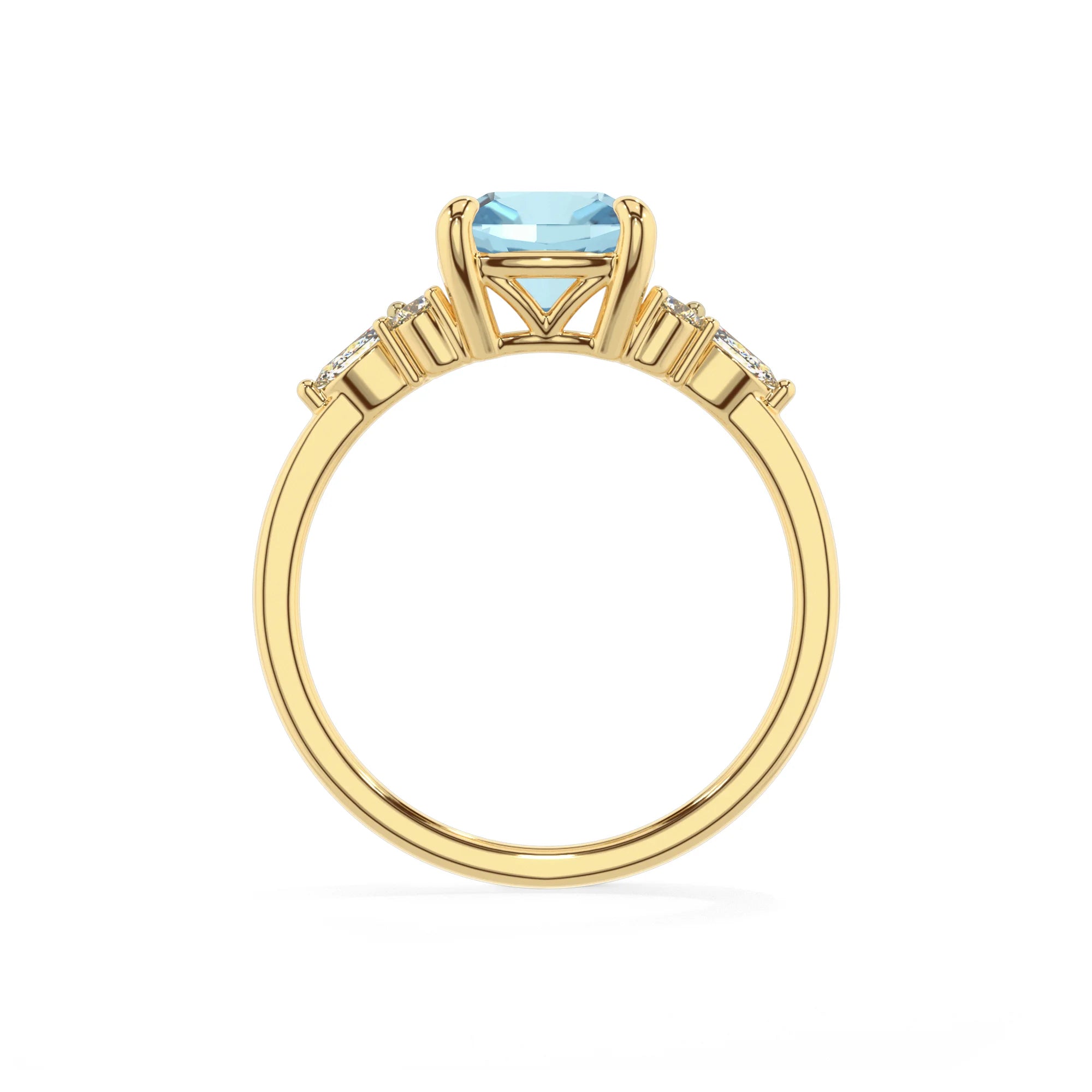 lab grown aquamarine cushion solitaire rings in yellow gold