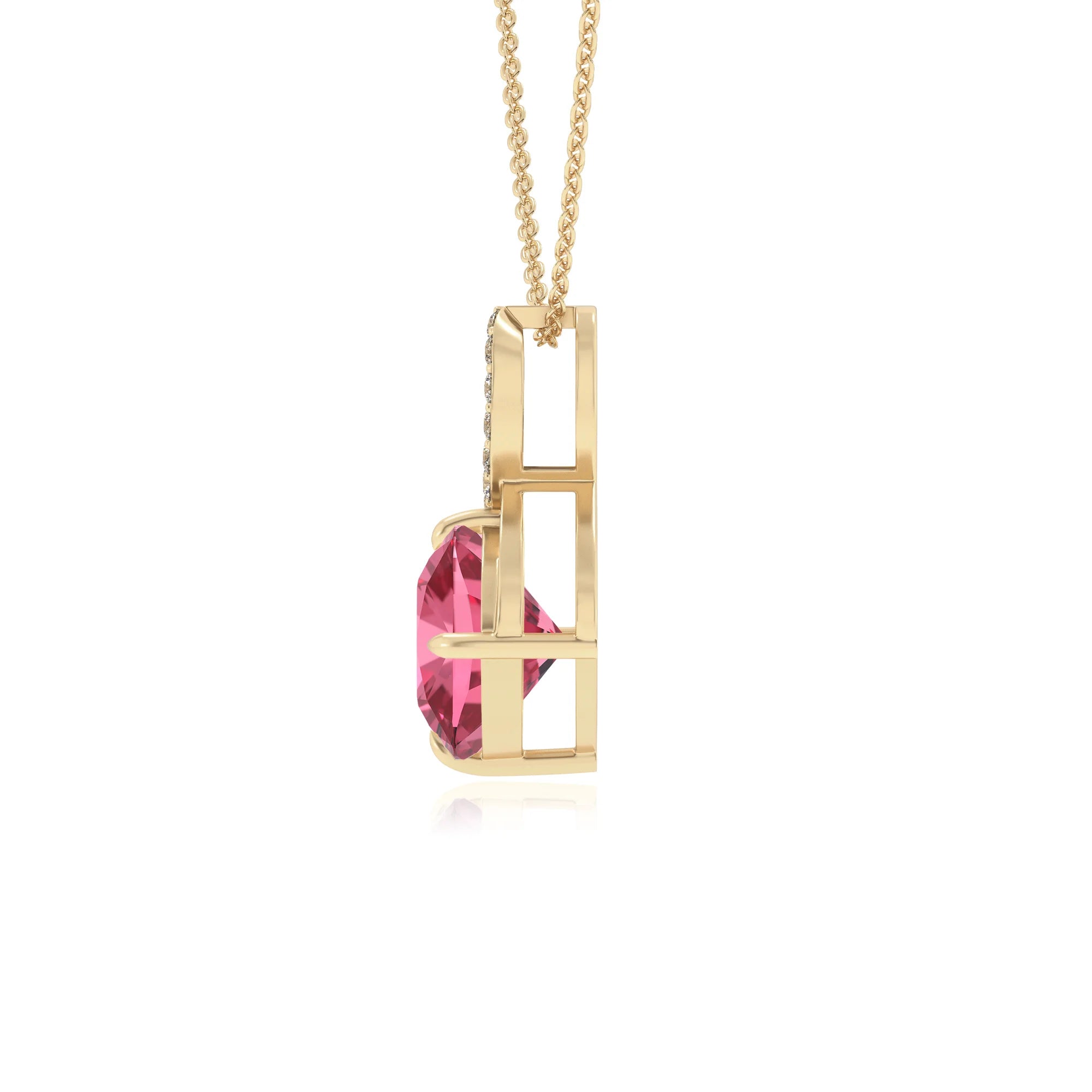 lab grown pink-tourmaline cushion infinity necklaces in yellow gold