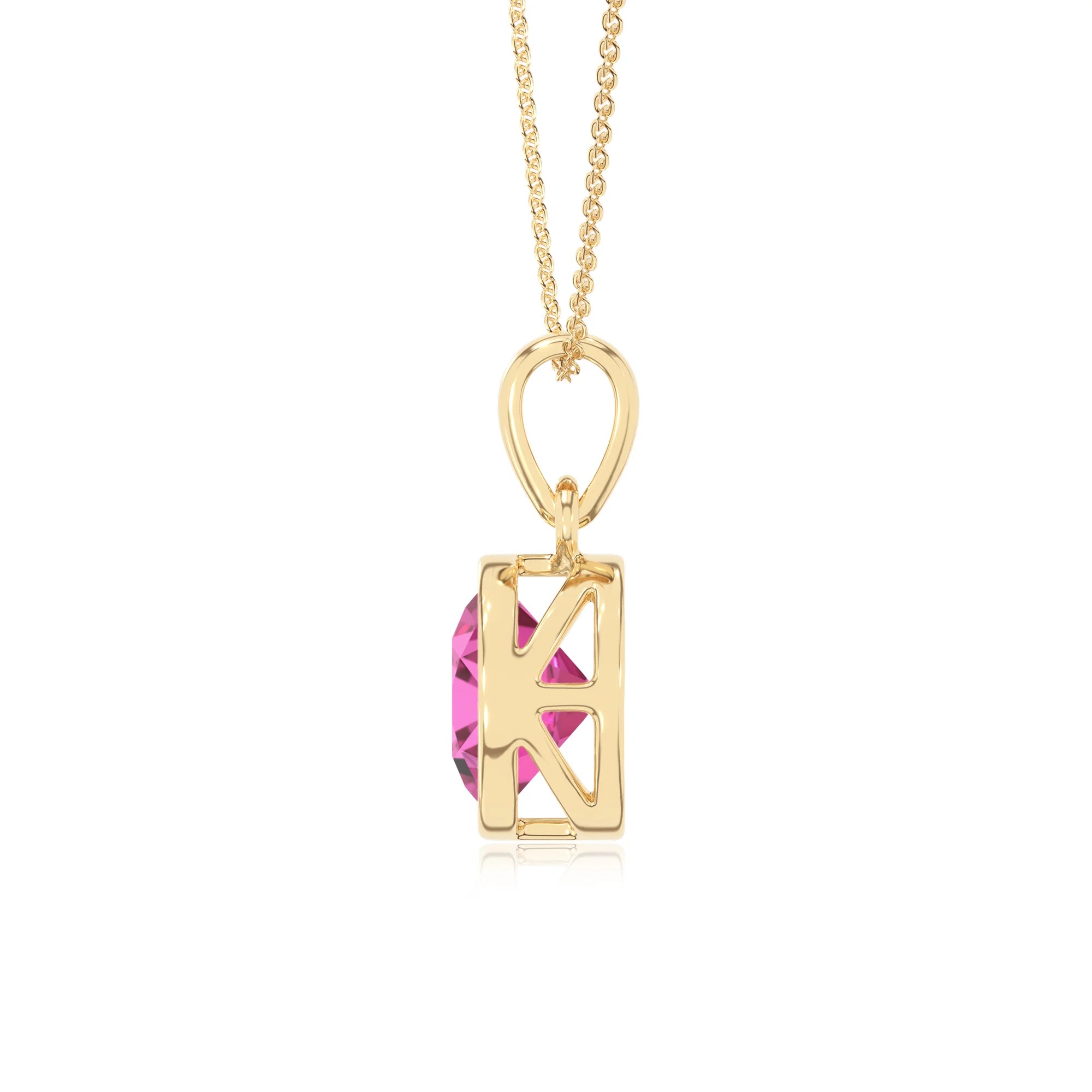 lab grown pink-sapphire round solitaire necklaces in yellow gold