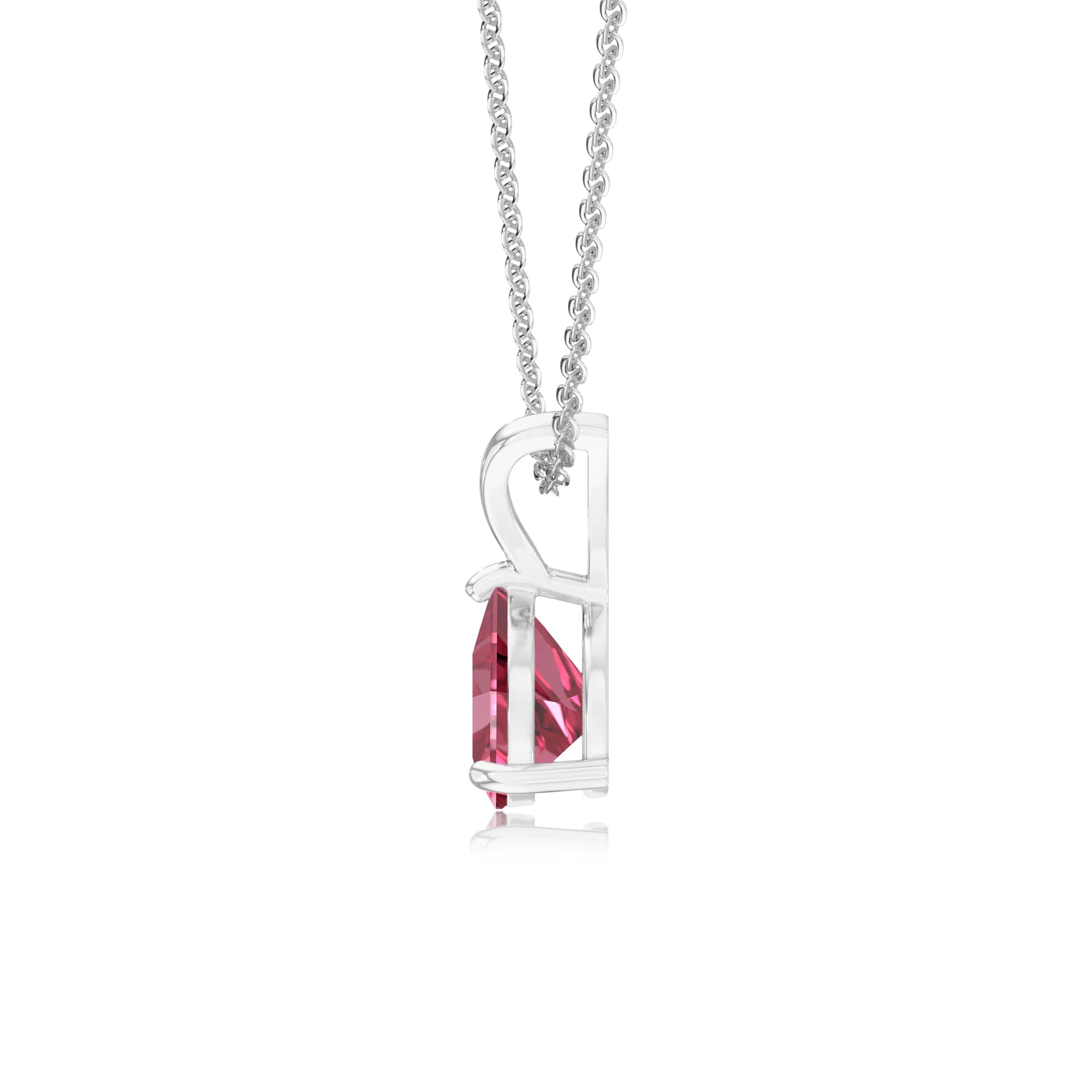 lab grown pink-tourmaline trillion solitaire v-bale necklaces in white gold