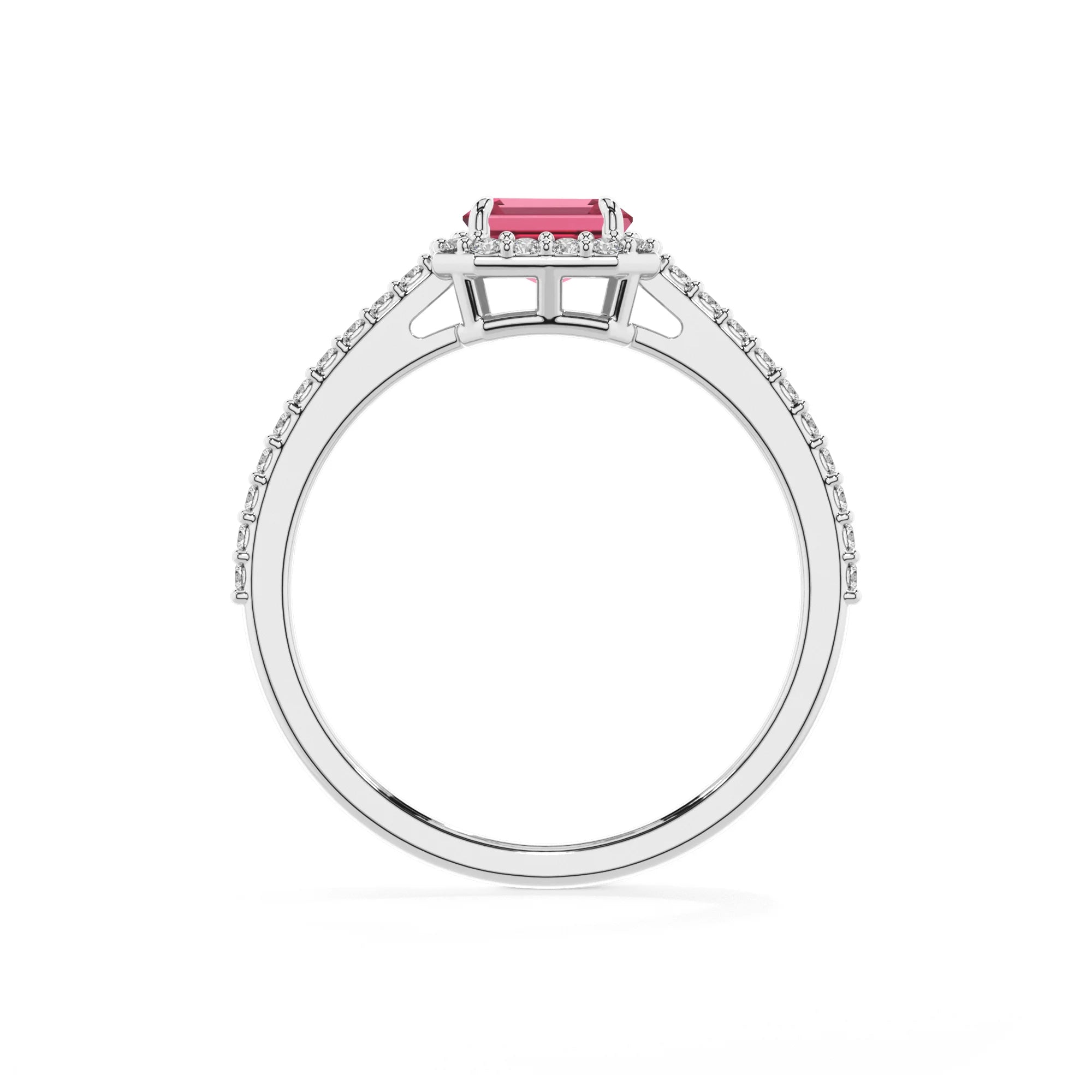 lab grown pink-tourmaline emerald cut solitaire rings in sterling silver
