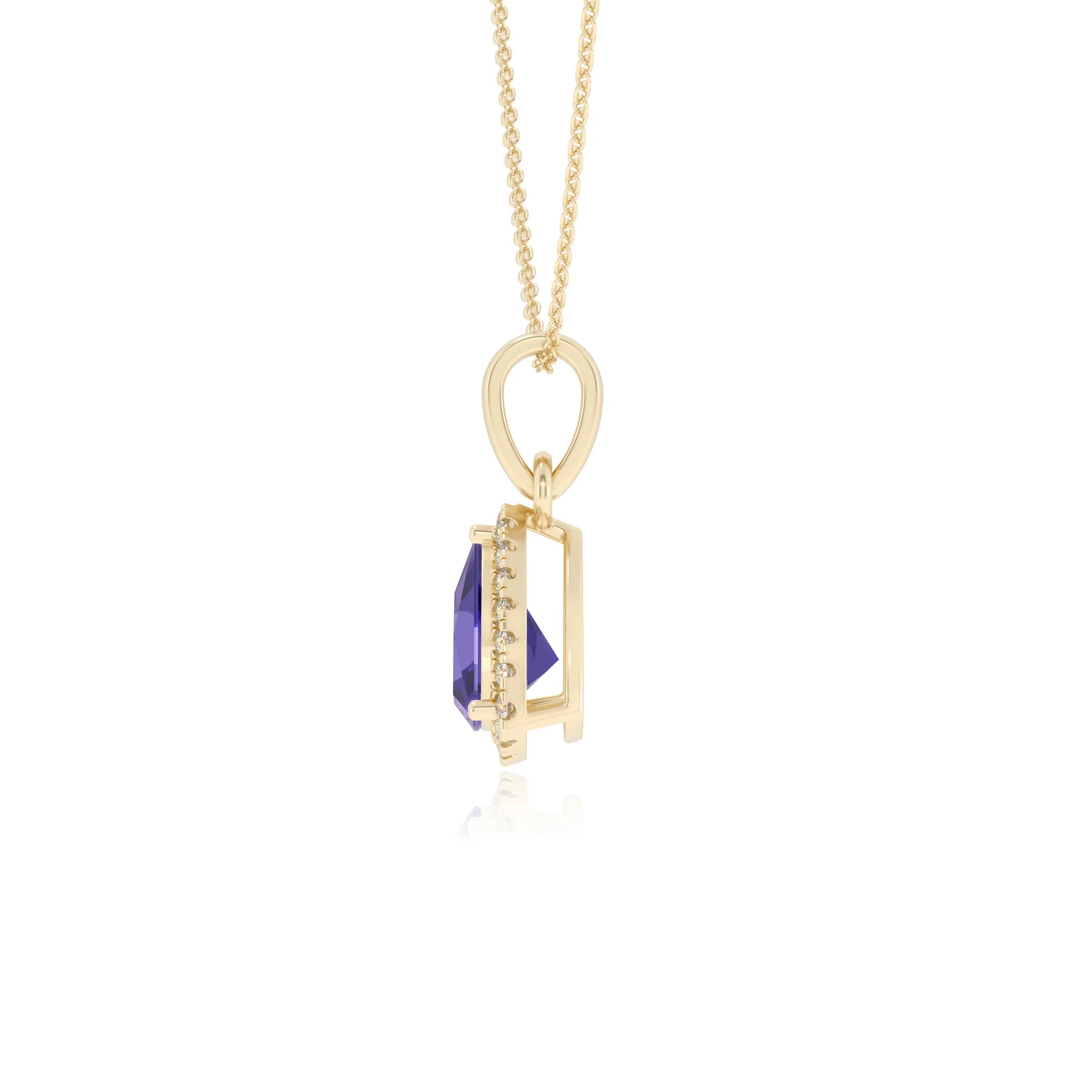 lab grown tanzanite trillion solitaire necklaces in yellow gold