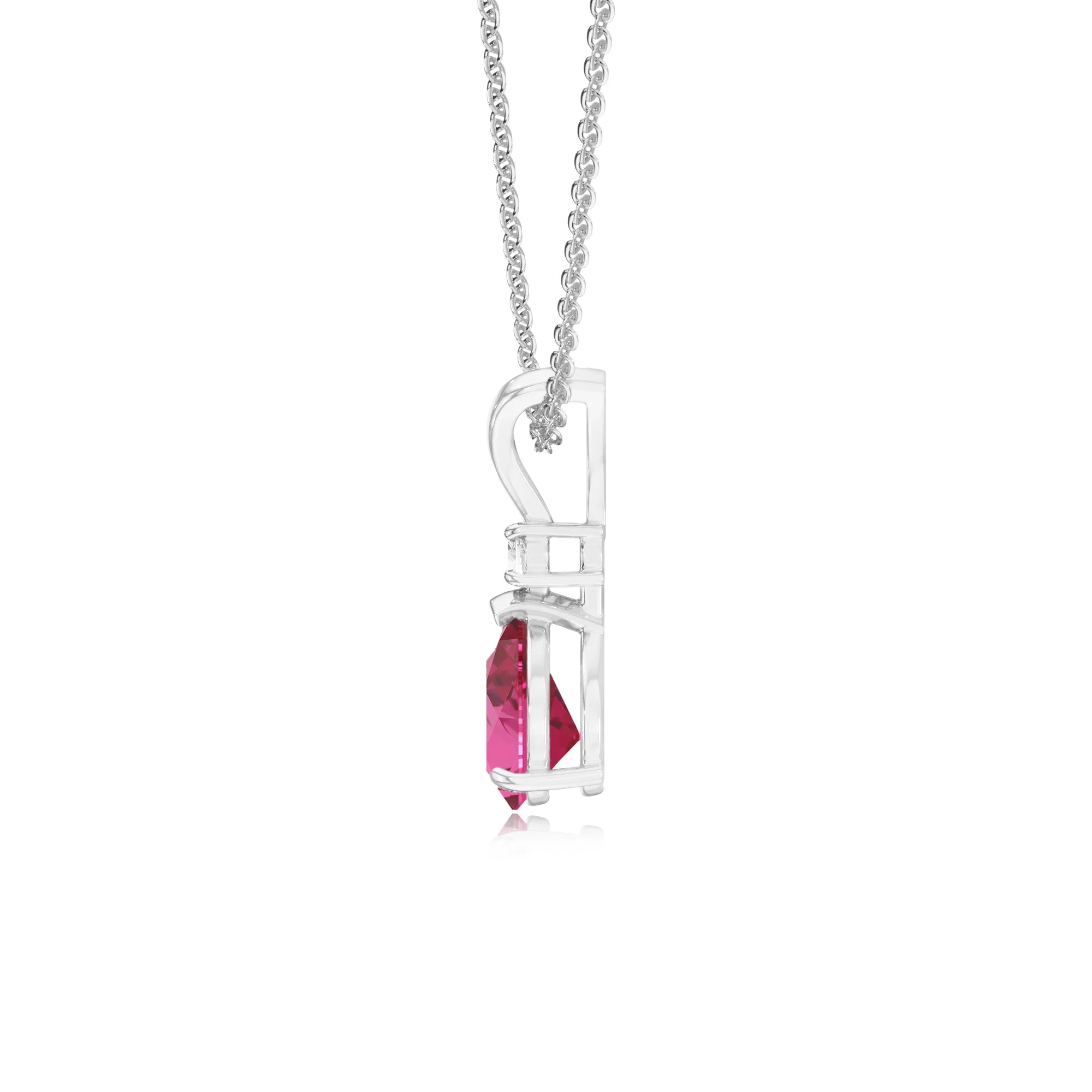 lab grown pink-sapphire pear solitaire v-bale necklaces in sterling silver