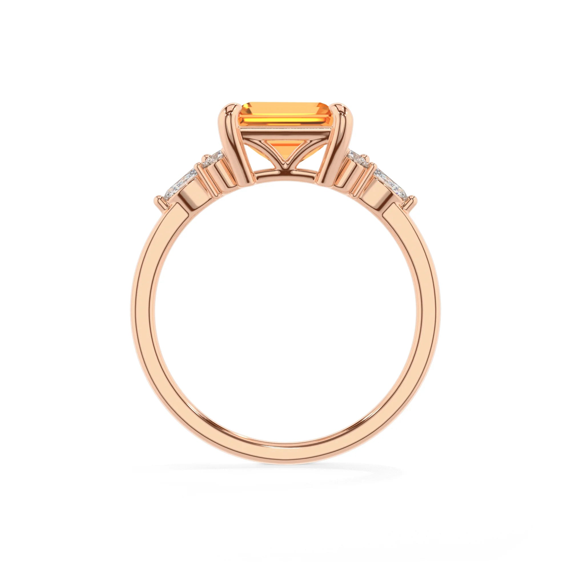 lab grown citrine emerald cut solitaire rings in rose gold