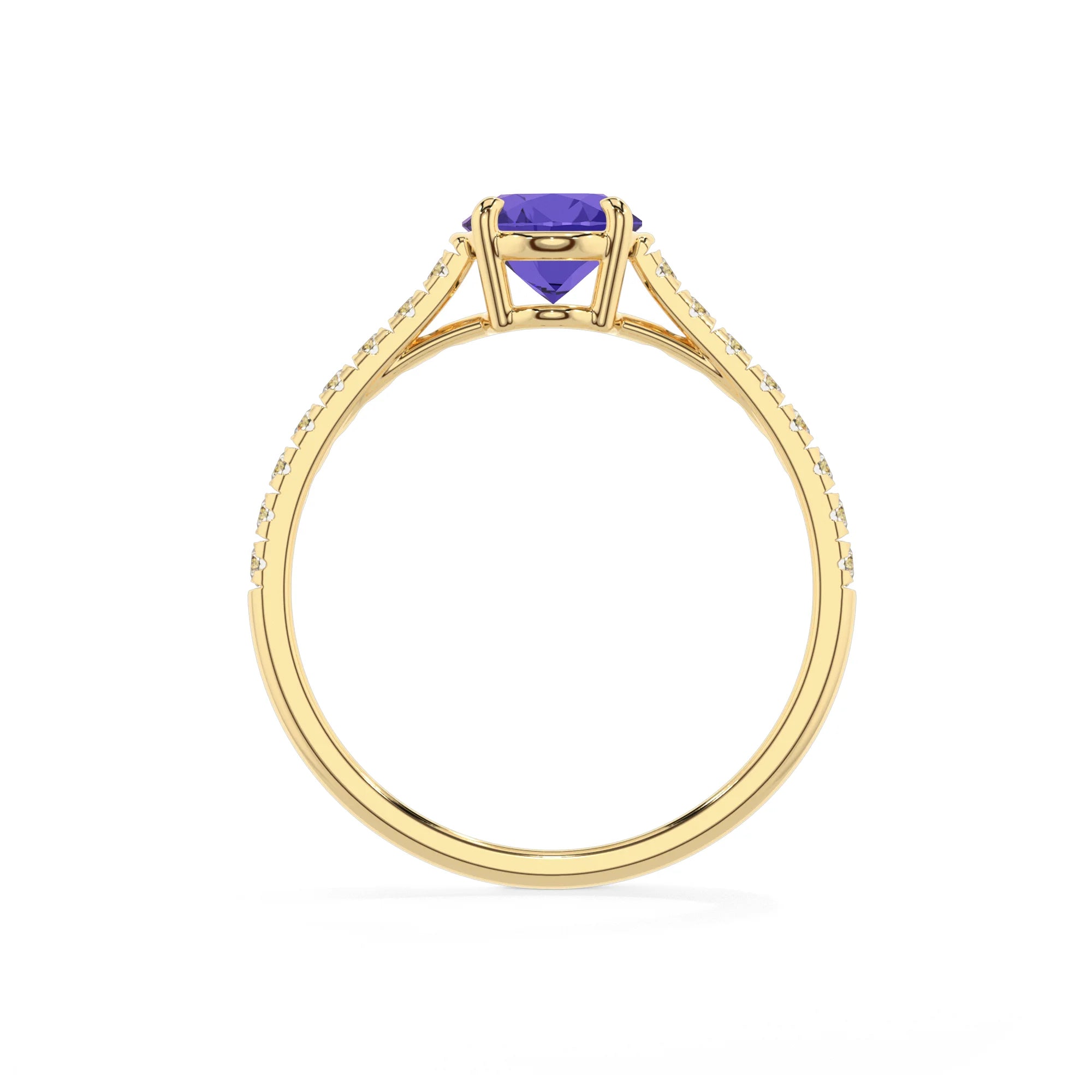 lab grown tanzanite oval half eternity solitaire engagement rings in yellow gold