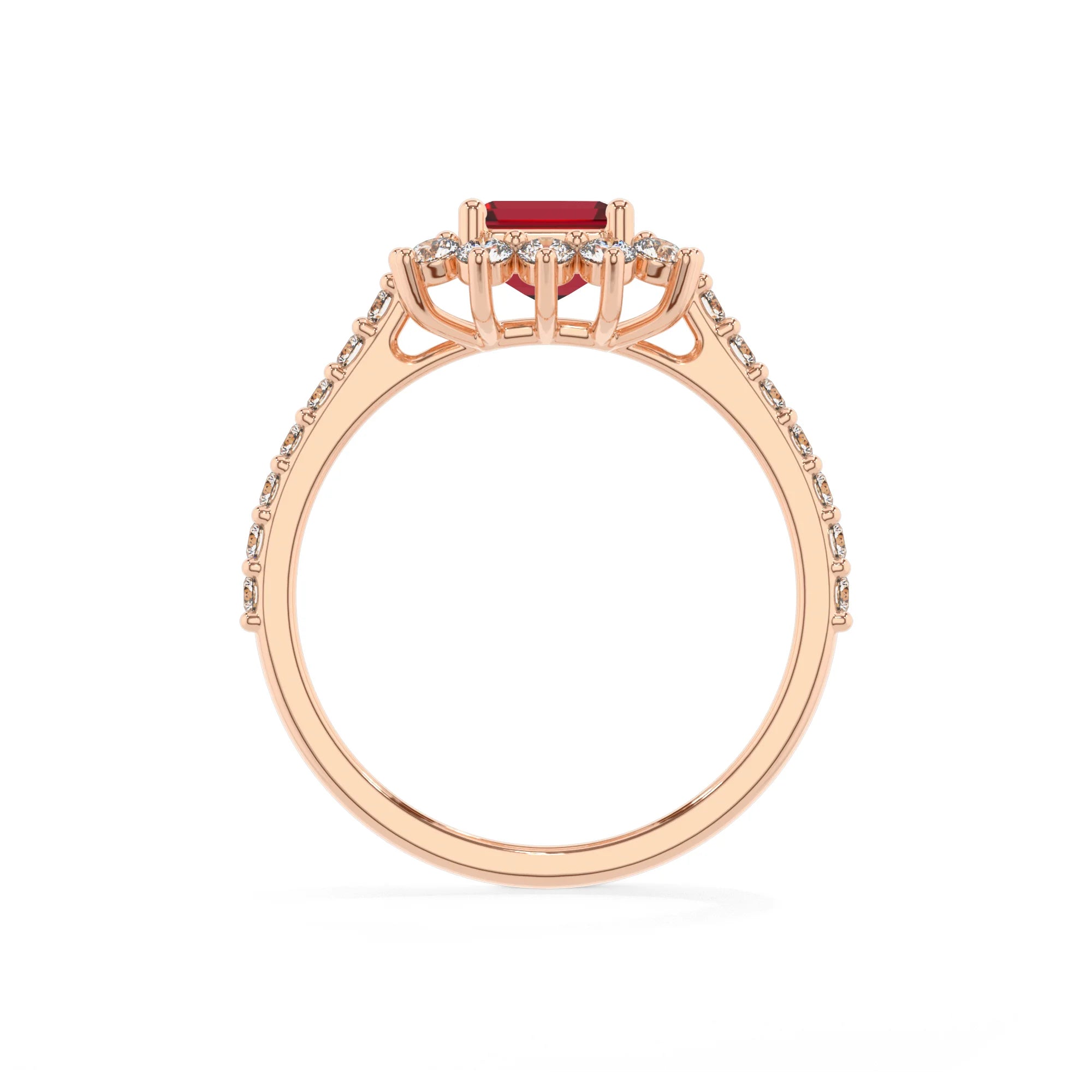 lab grown ruby emerald cut solitaire rings in rose gold