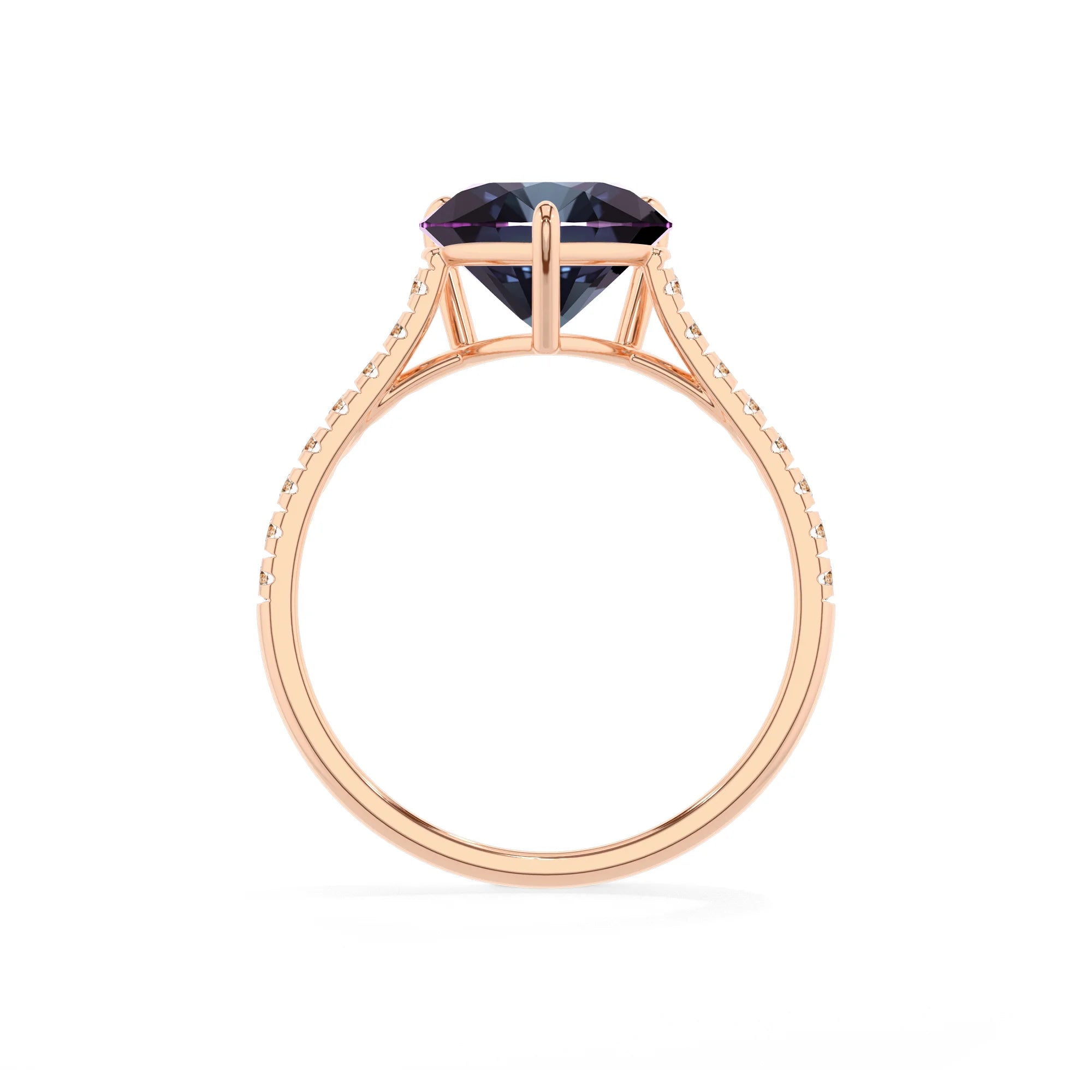 lab grown alexandrite heart half eternity solitaire engagement rings in rose gold